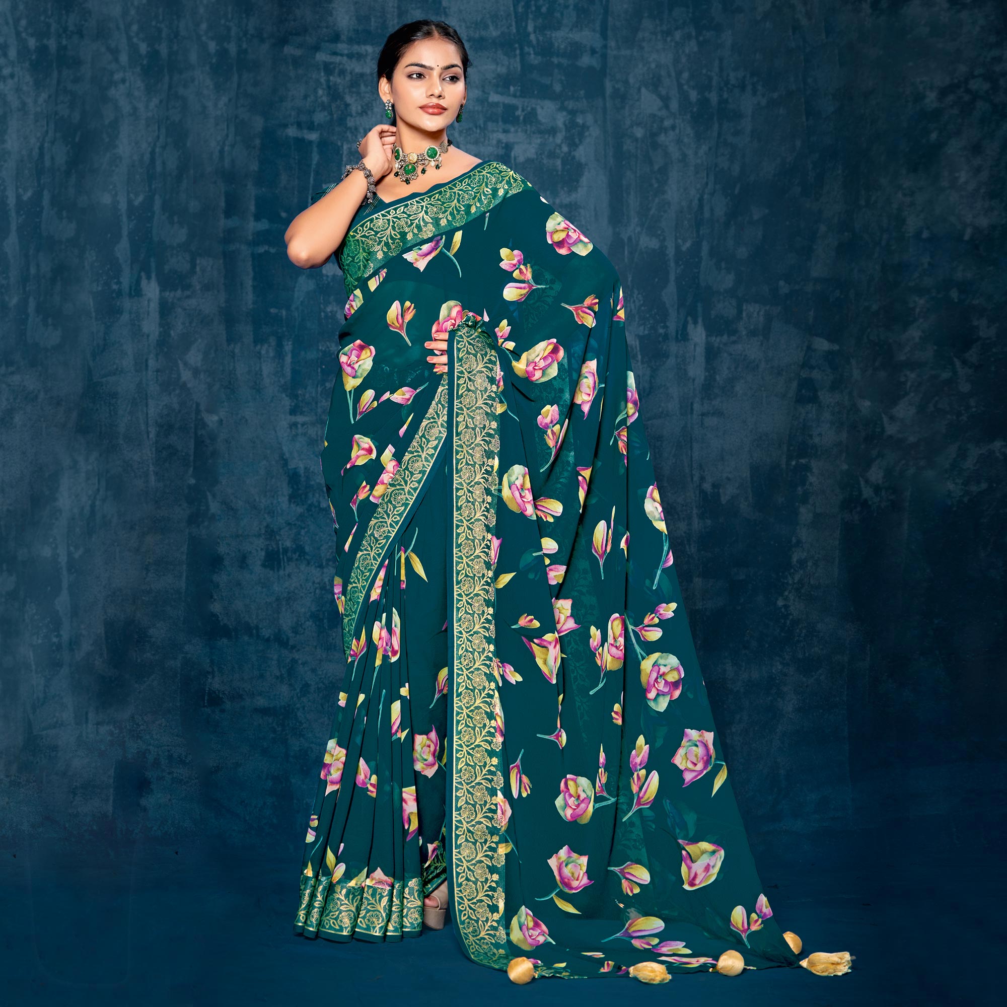 Teal Floral Printed Georgette Saree With Viscose Border