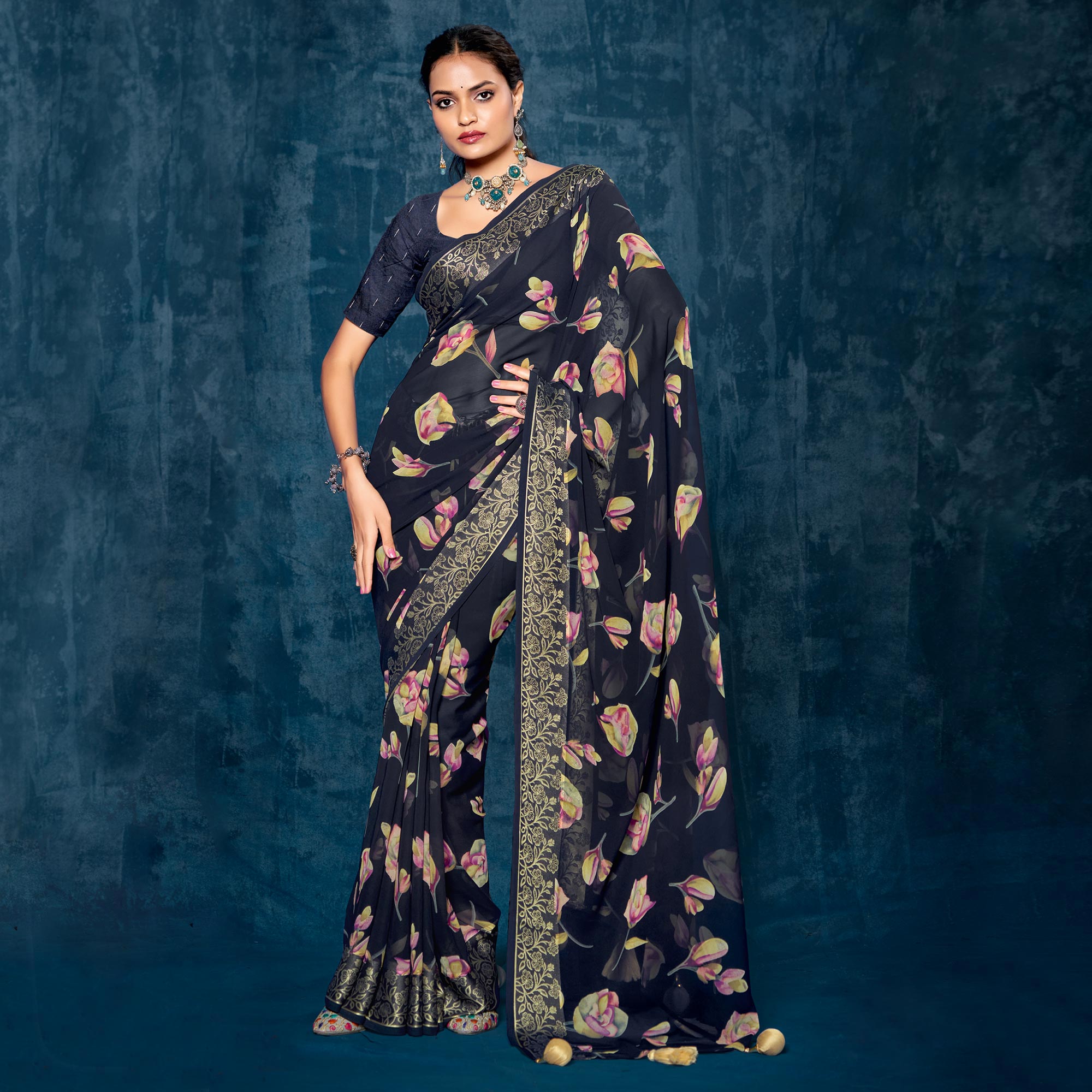 Blue Floral Printed Georgette Saree With Viscose Border