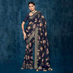 Blue Floral Printed Georgette Saree With Viscose Border