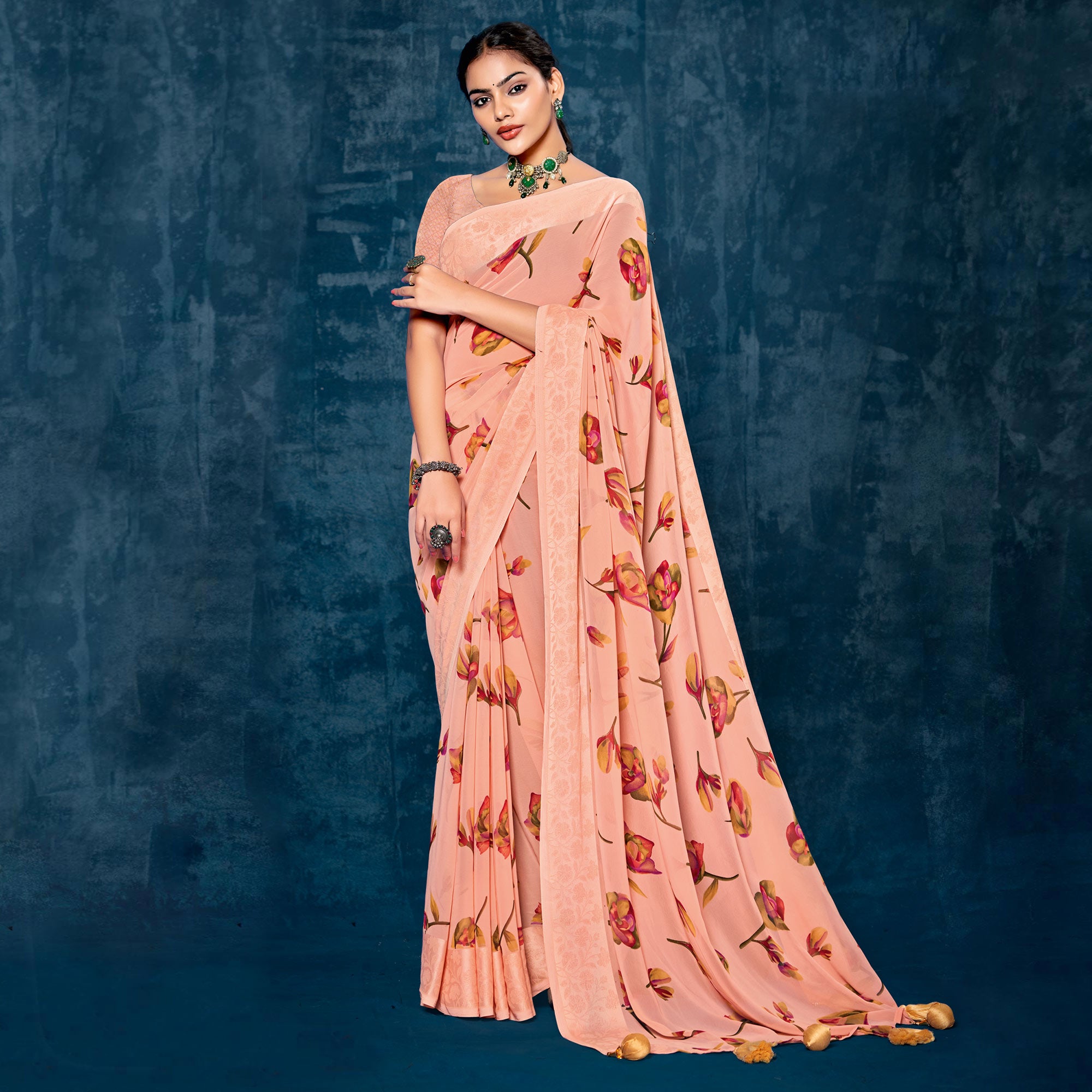 Peach Floral Printed Georgette Saree With Viscose Border