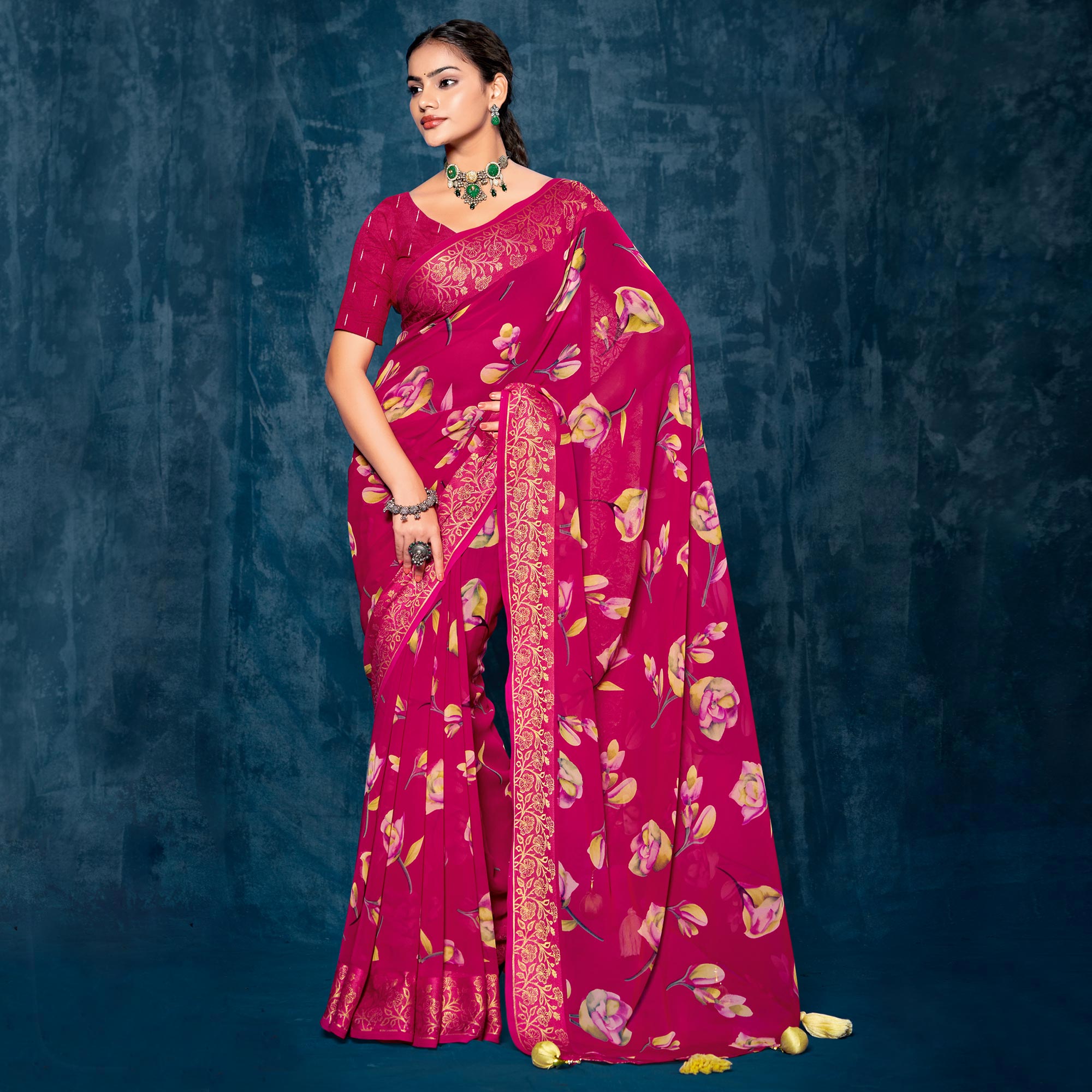 Pink Floral Printed Georgette Saree With Viscose Border