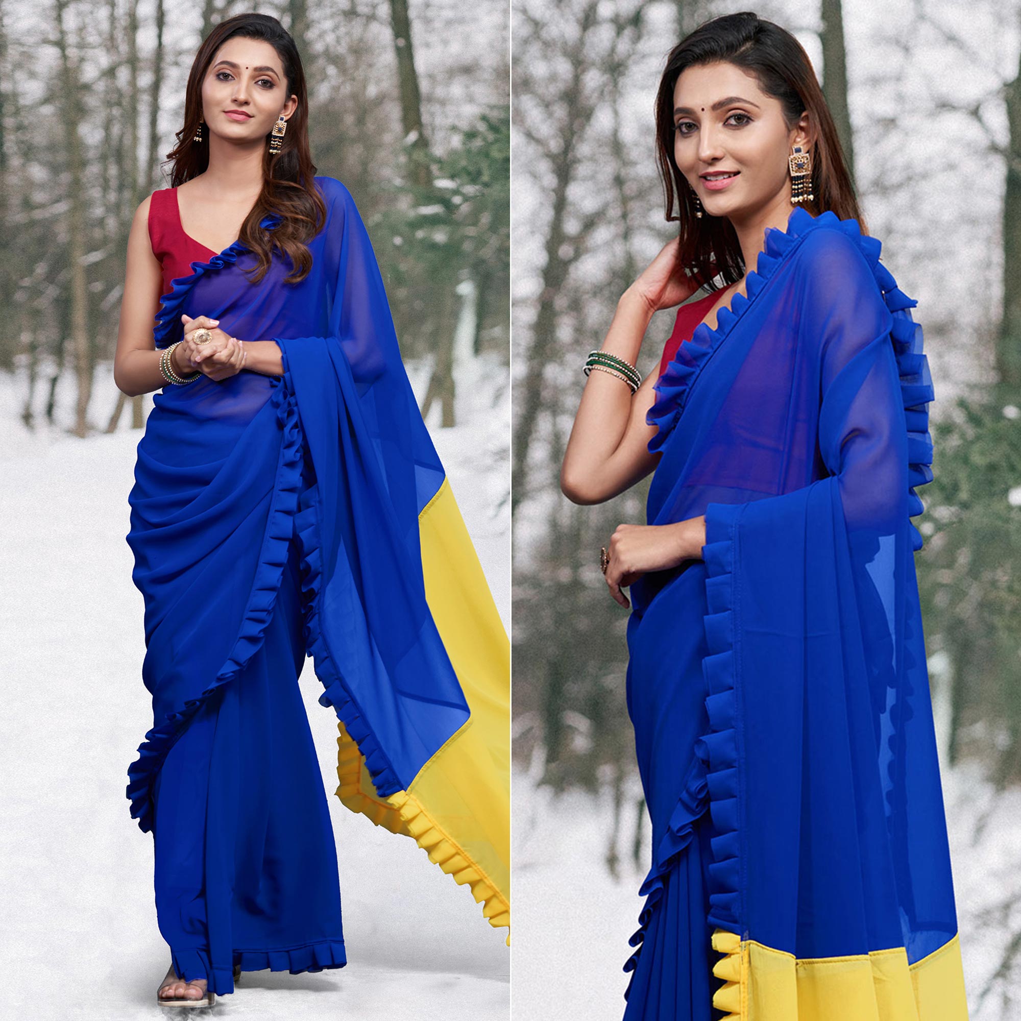 Blue & Yellow Printed Georgette Frill Saree