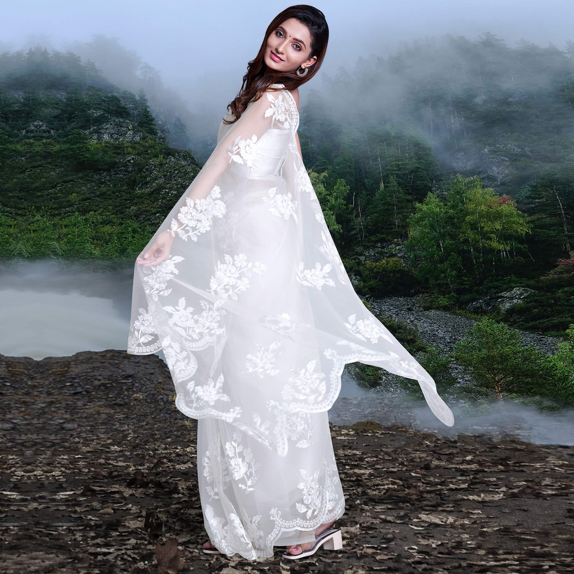 White Floral Embroidered Net Saree