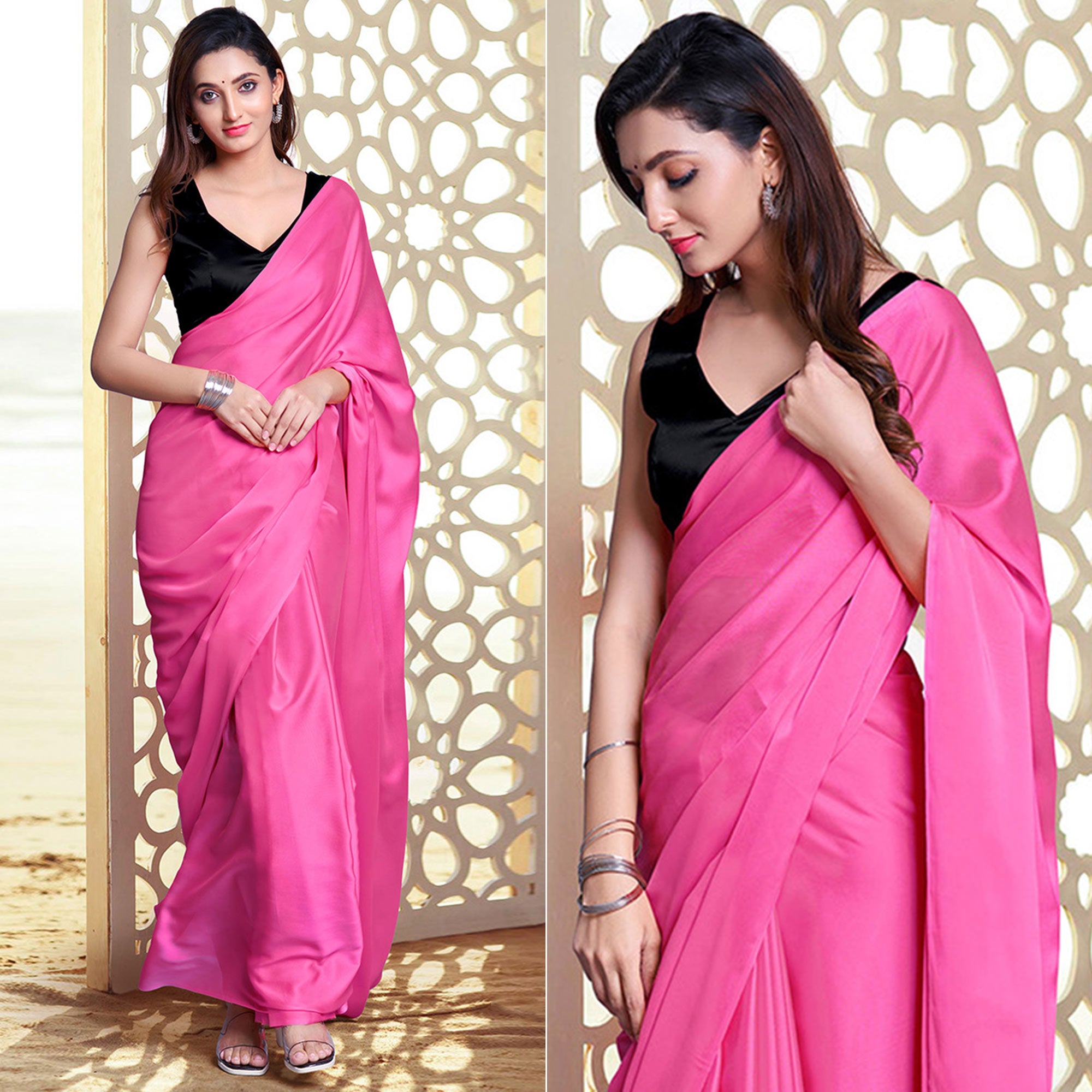 Pink Solid Georgette Saree