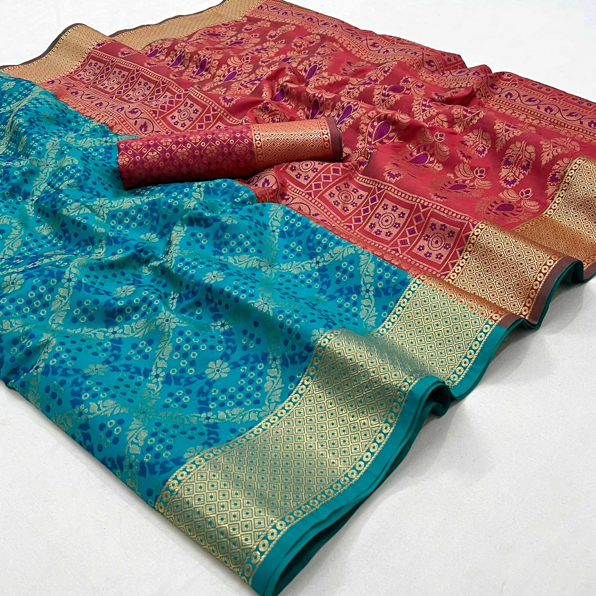 Blue Floral Woven Art Silk Saree