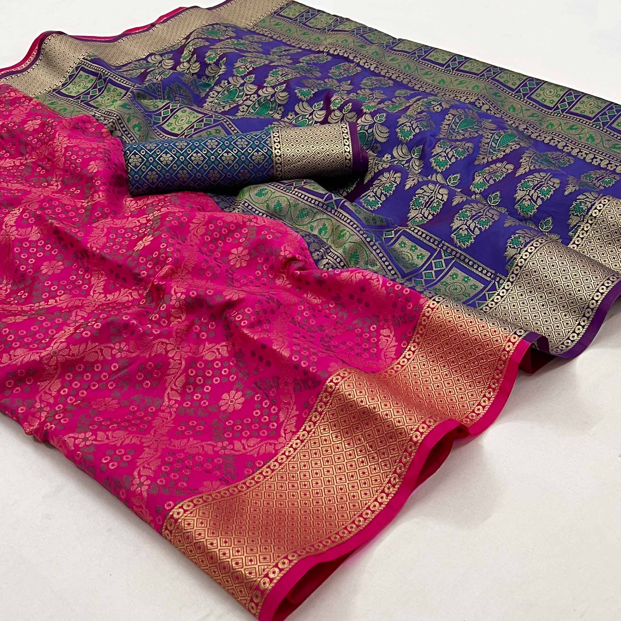 Pink Floral Woven Art Silk Saree