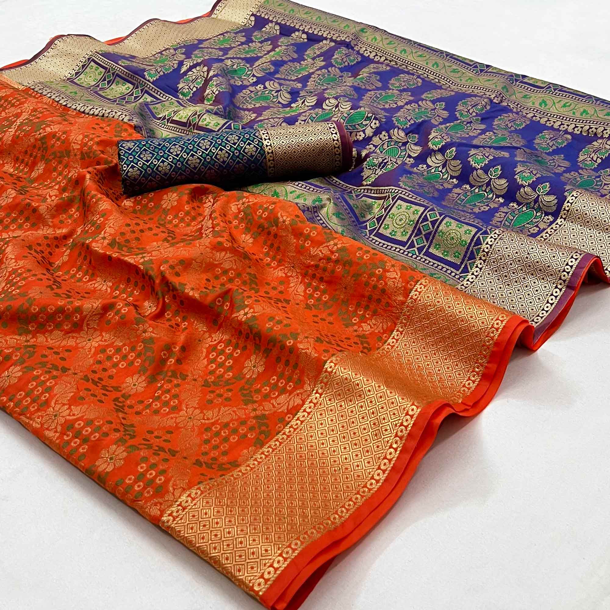 Orange Floral Woven Art Silk Saree