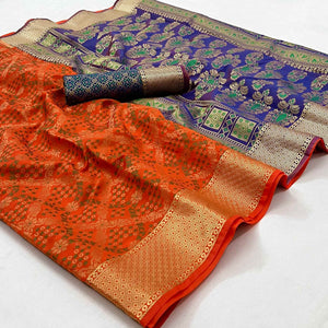 Orange Floral Woven Art Silk Saree