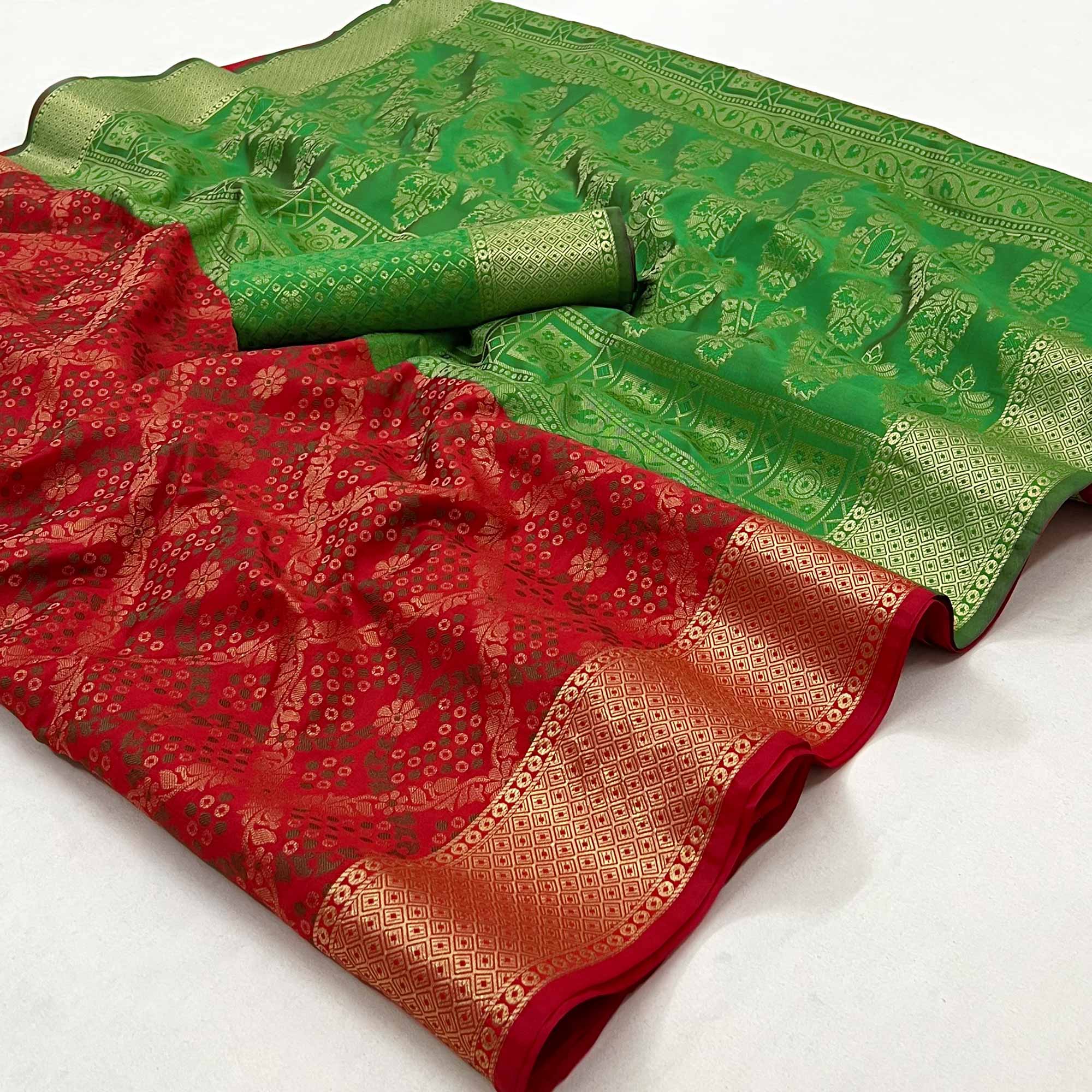 Red Floral Woven Art Silk Saree