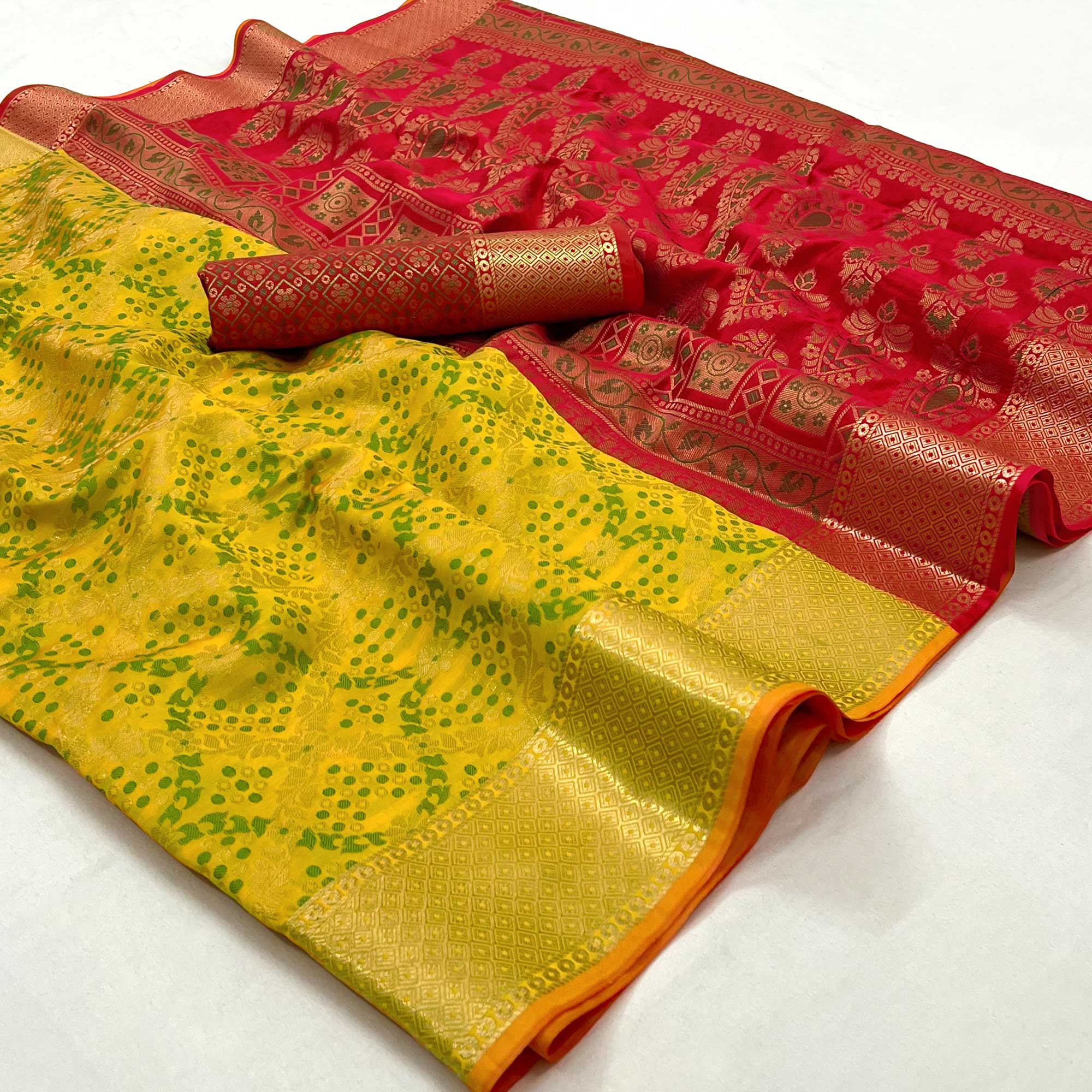 Yellow Floral Woven Art Silk Saree