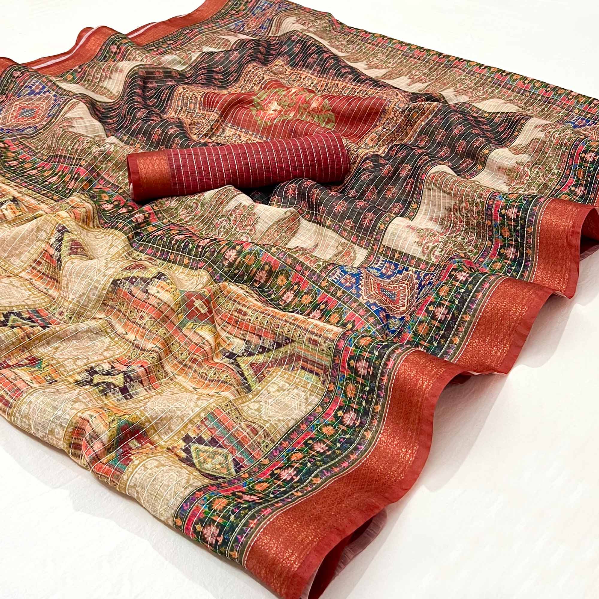 Beige Digital Printed Linen Saree