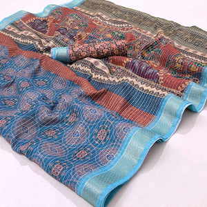 Blue Digital Printed Linen Saree
