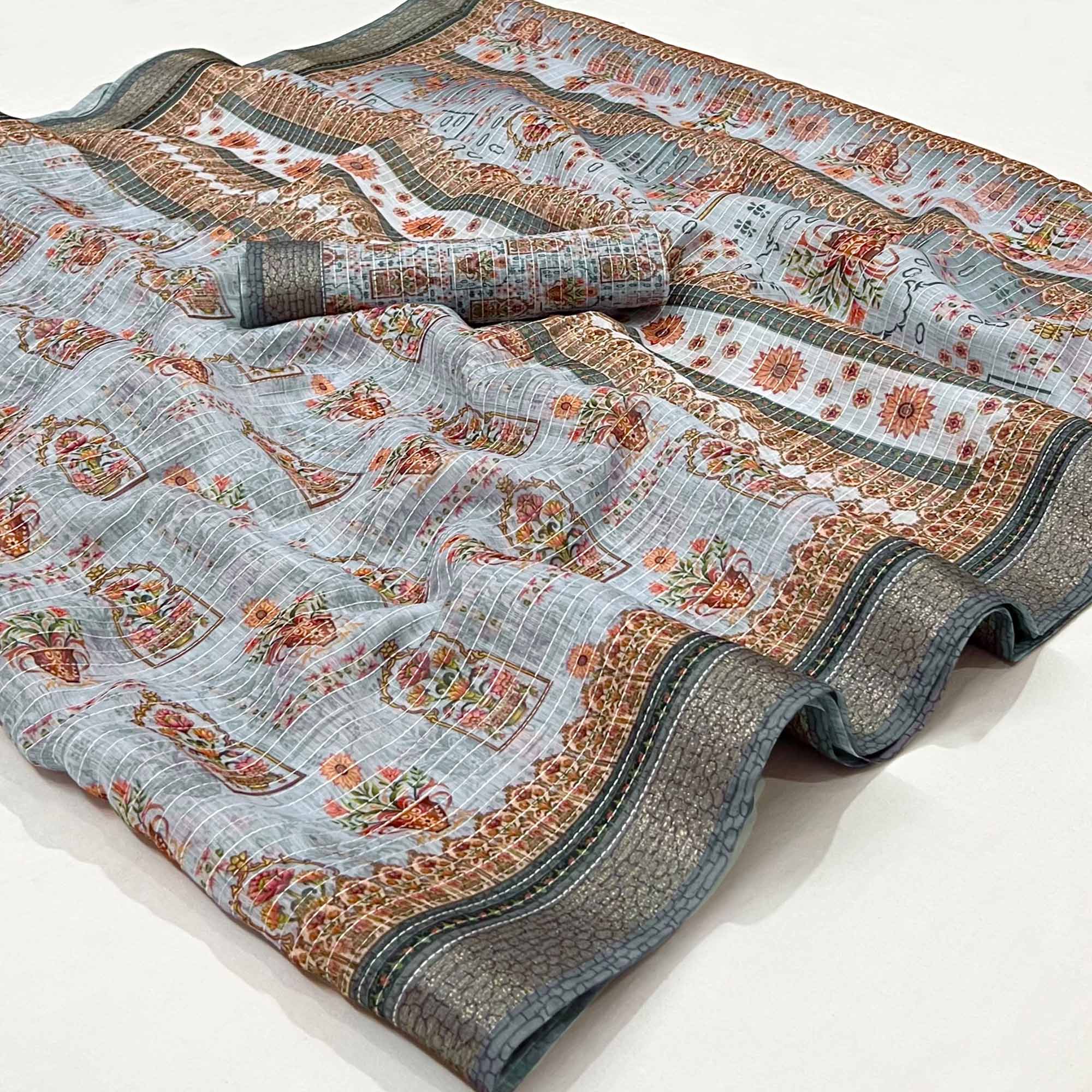 Grey Digital Printed Linen Saree