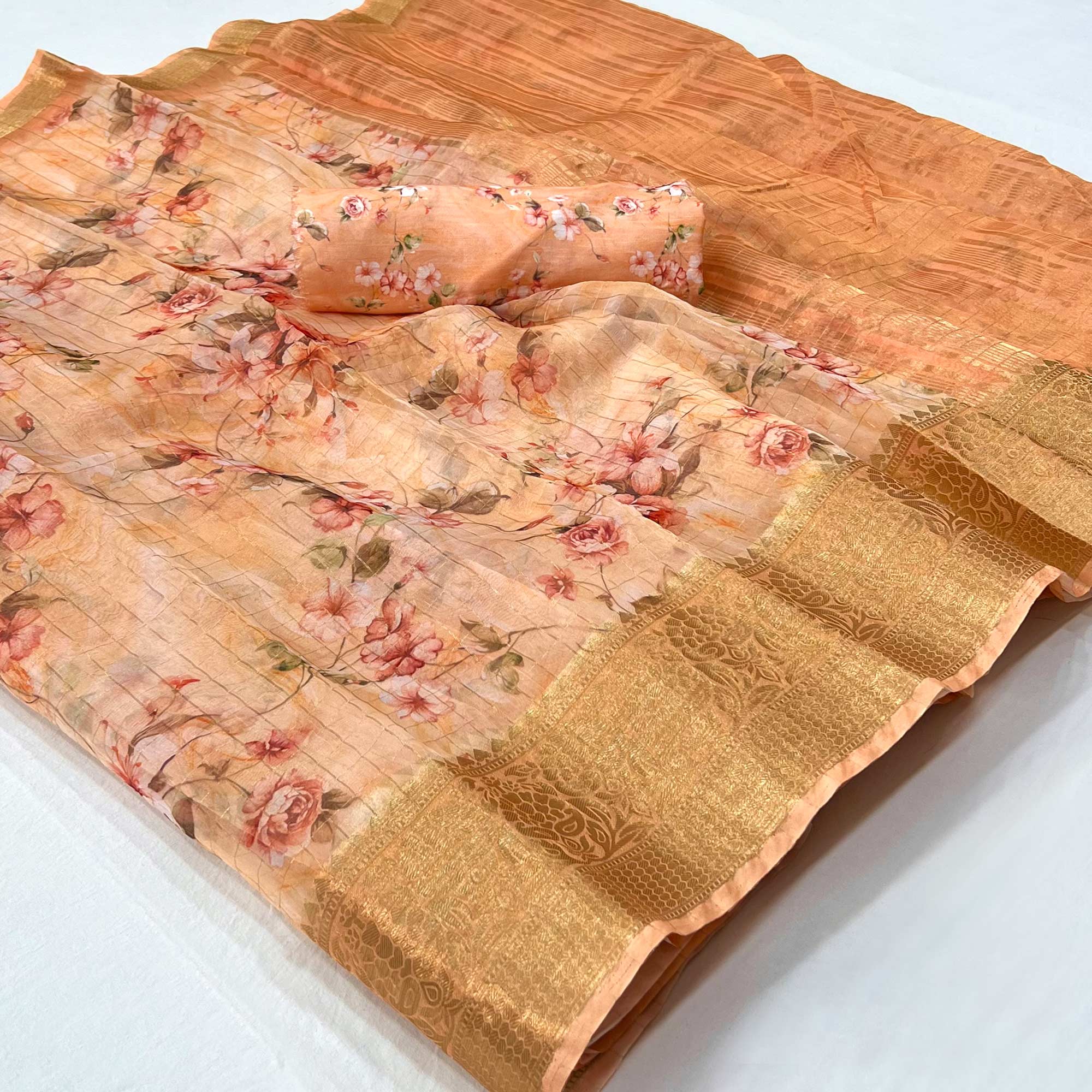 Peach Floral Digital Printed Organza Saree