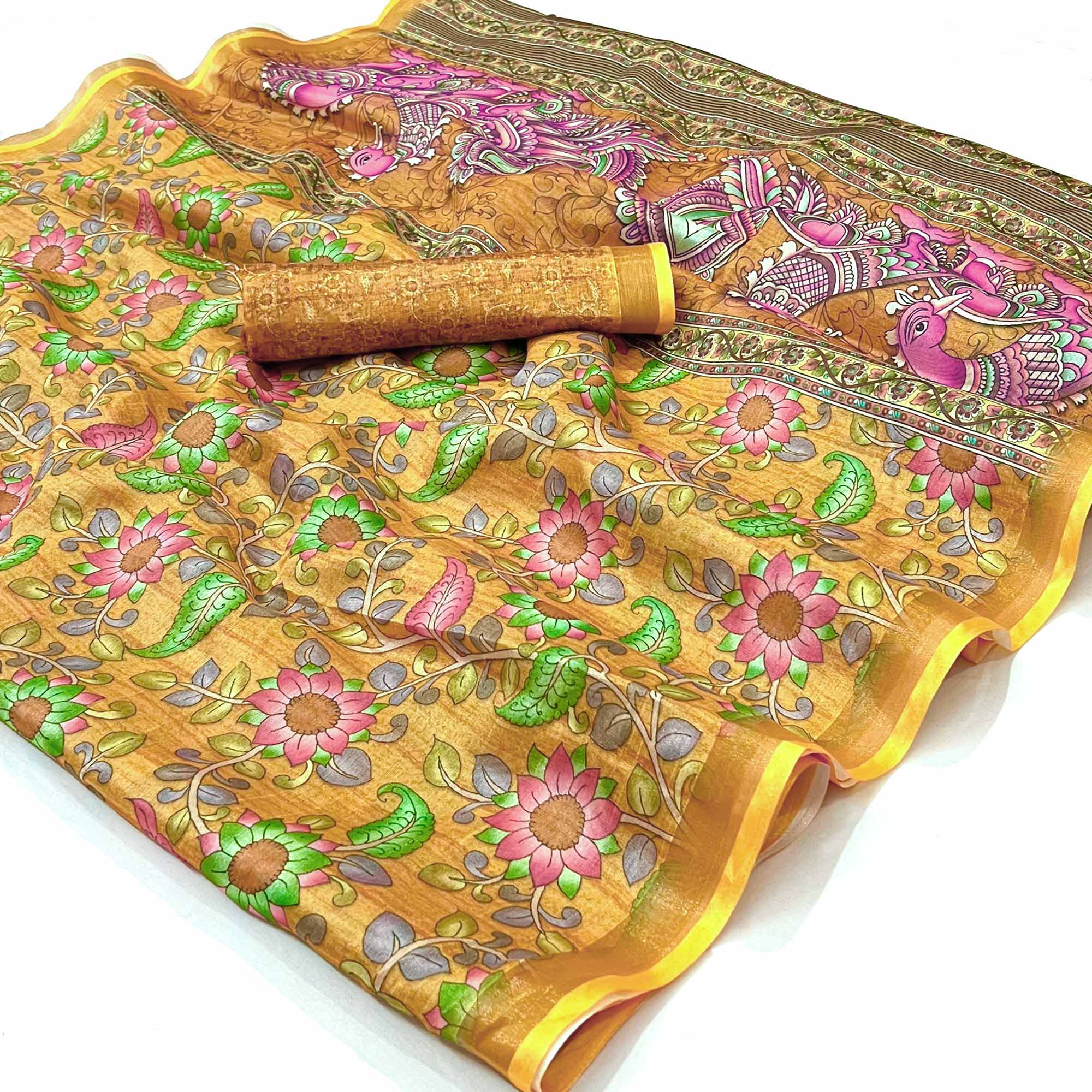 Yellow Floral Digital Printed Cotton Silk Saree