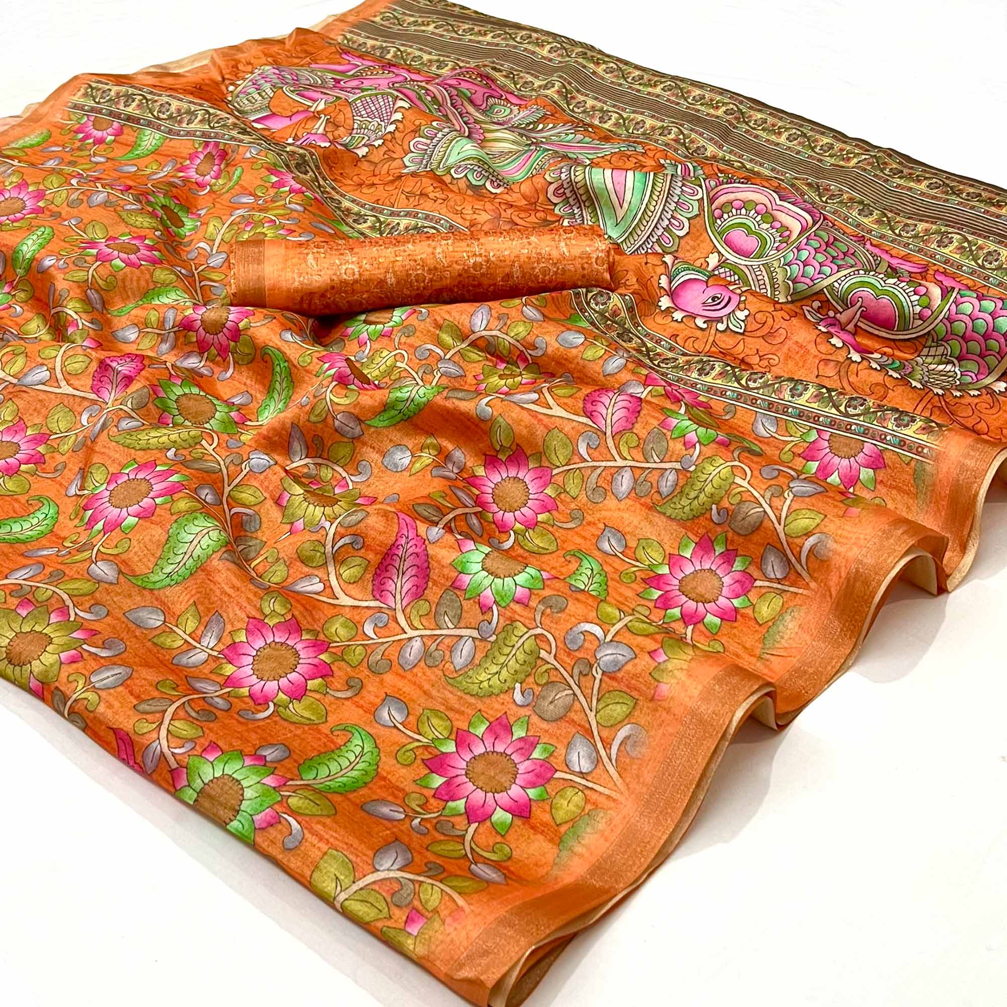 Orange Floral Digital Printed Cotton Silk Saree