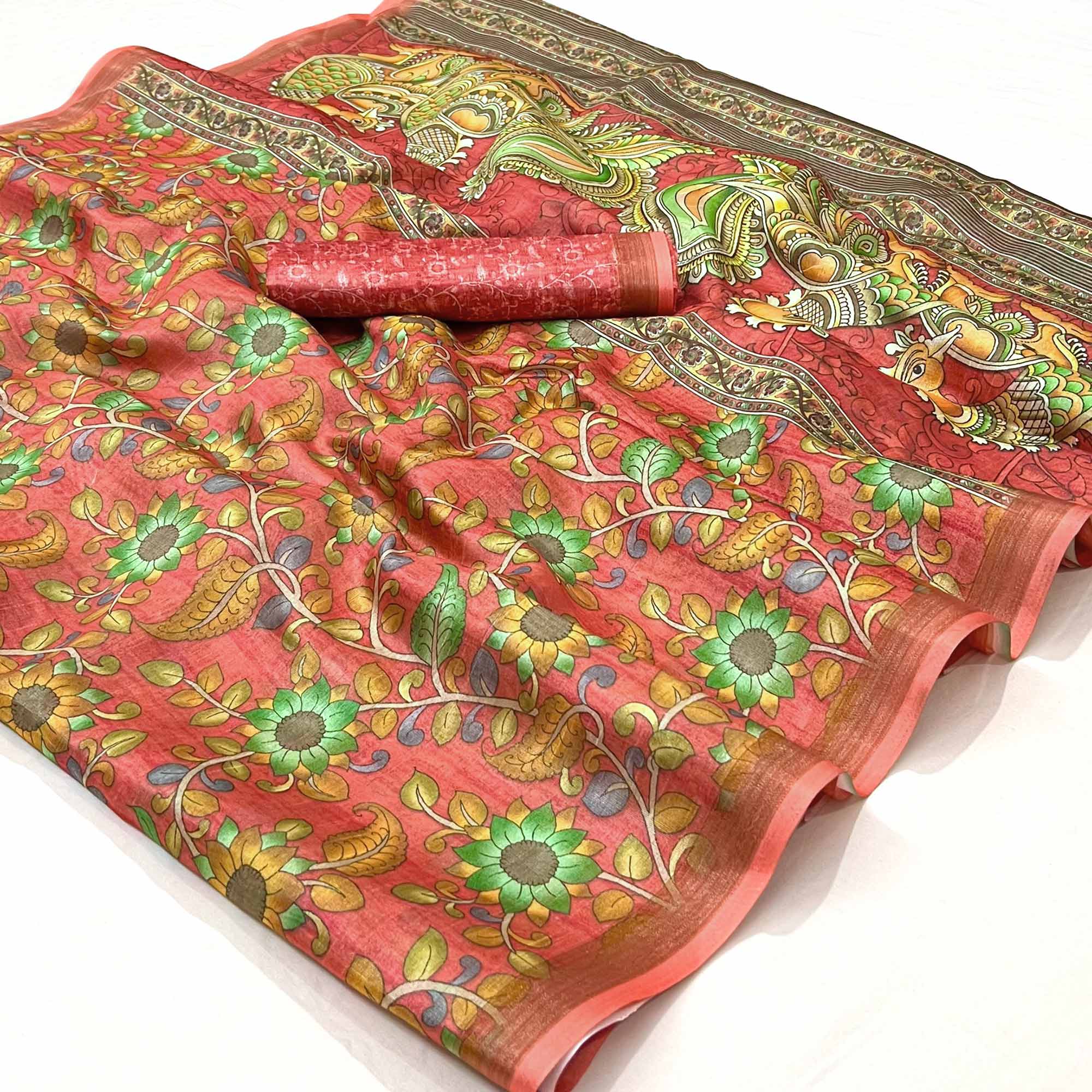 Pink Floral Digital Printed Cotton Silk Saree