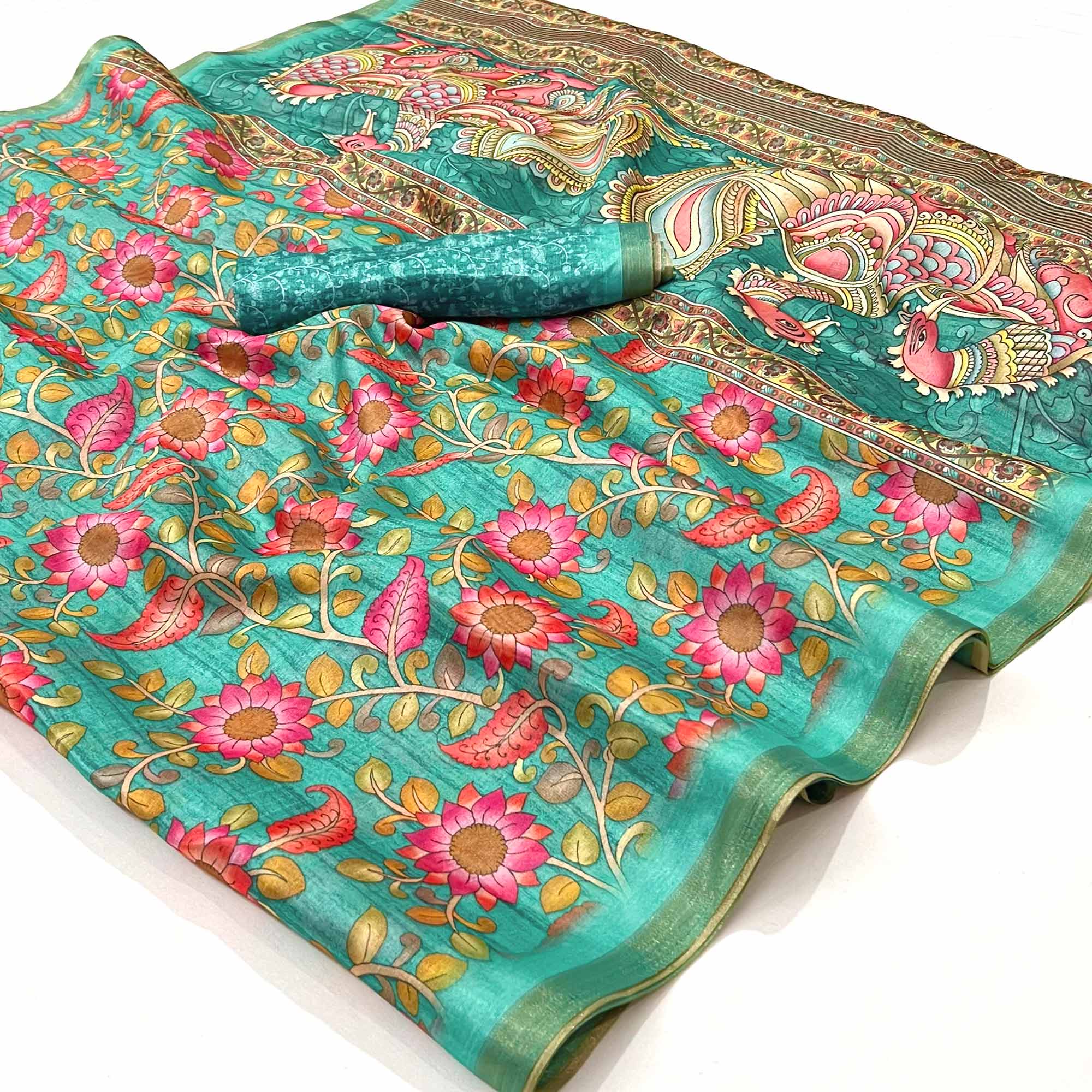 Rama Green Floral Digital Printed Cotton Silk Saree