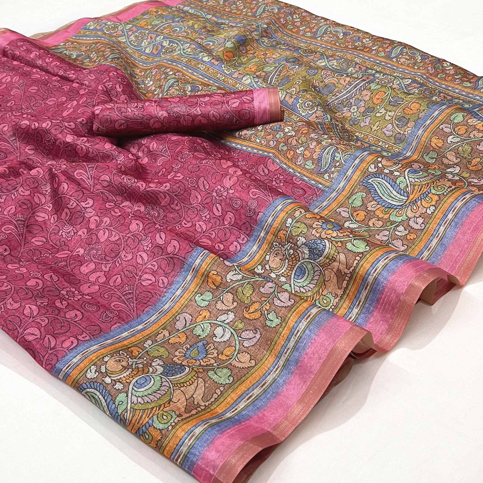 Pink Floral Digital Printed Cotton Silk Saree