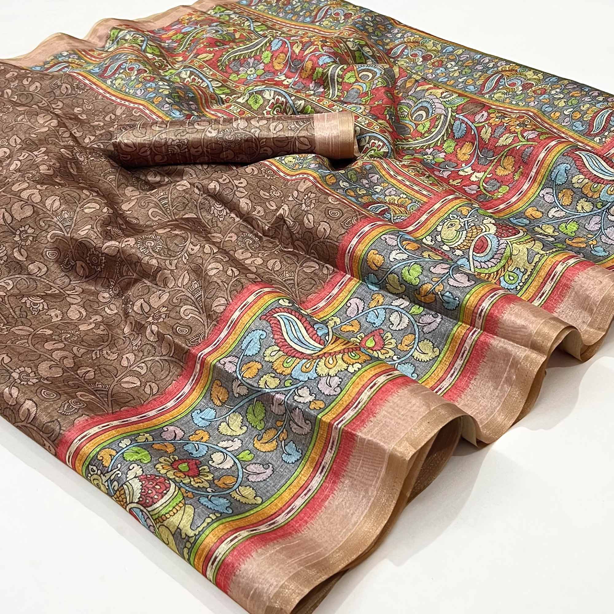 Brown Floral Digital Printed Cotton Silk Saree