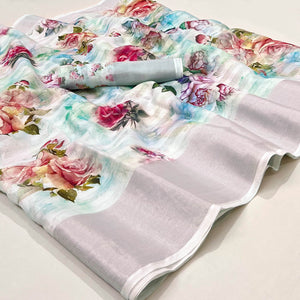 Blue Floral Digital Printed Cotton Silk Saree