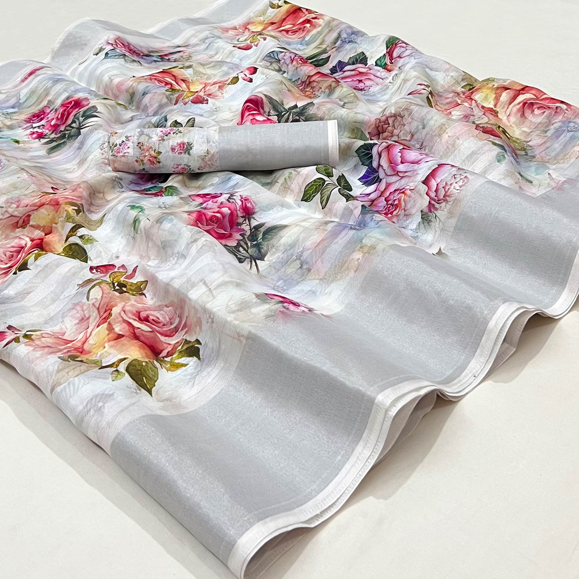 Grey Floral Digital Printed Cotton Silk Saree