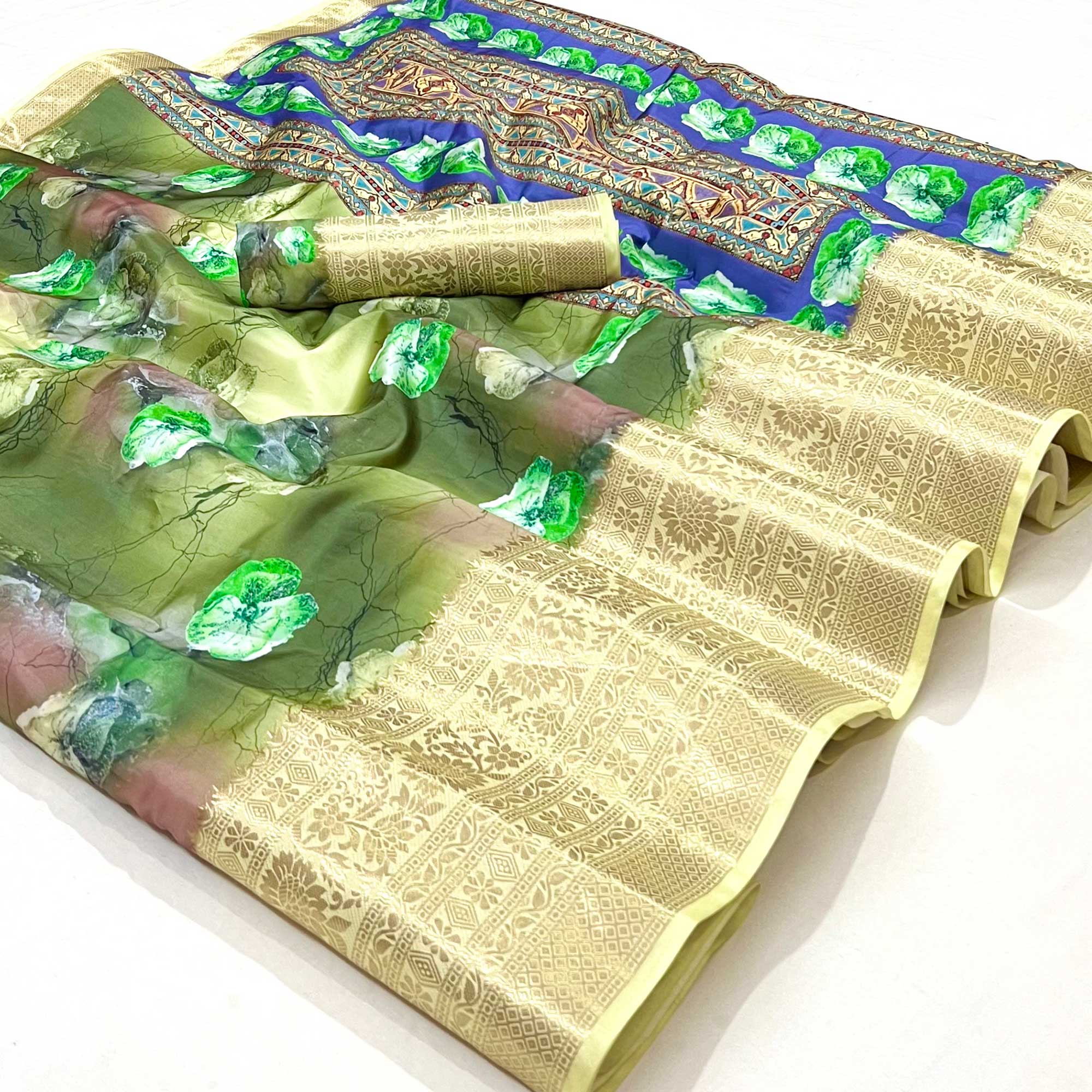 Green Floral Digital Printed With Woven Border Art Silk Saree