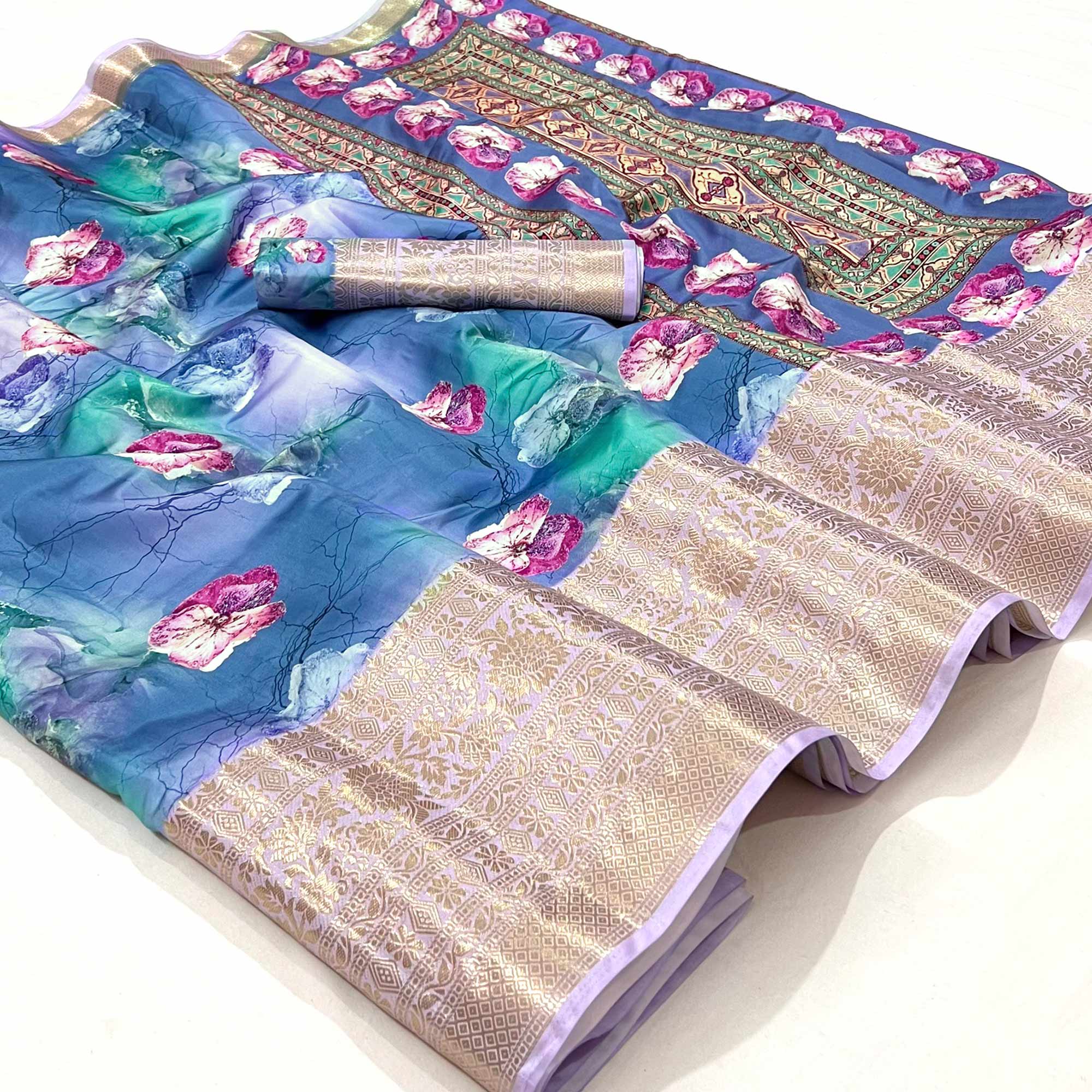 Blue Floral Digital Printed With Woven Border Art Silk Saree