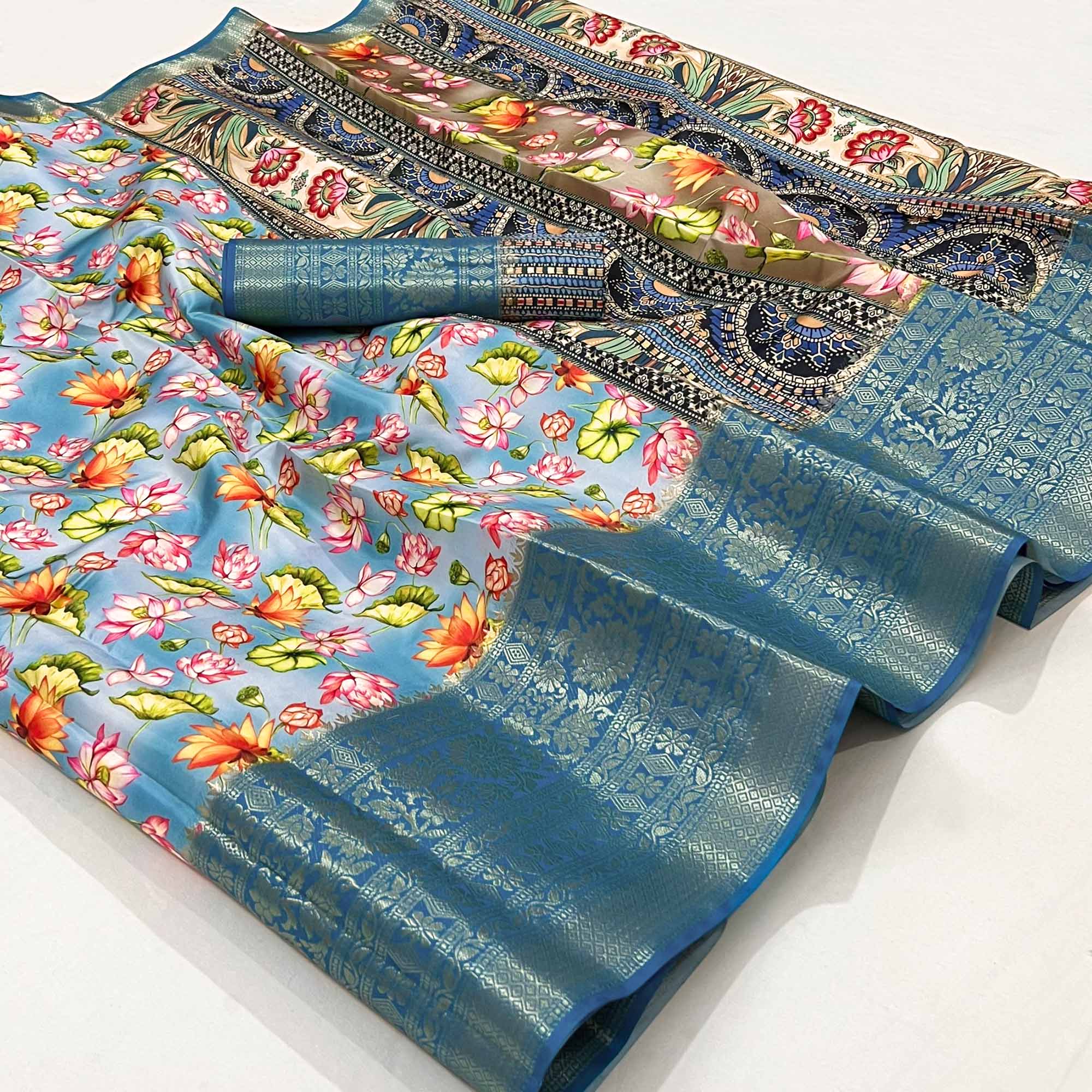 Blue Floral Digital Printed With Woven Border Art Silk Saree