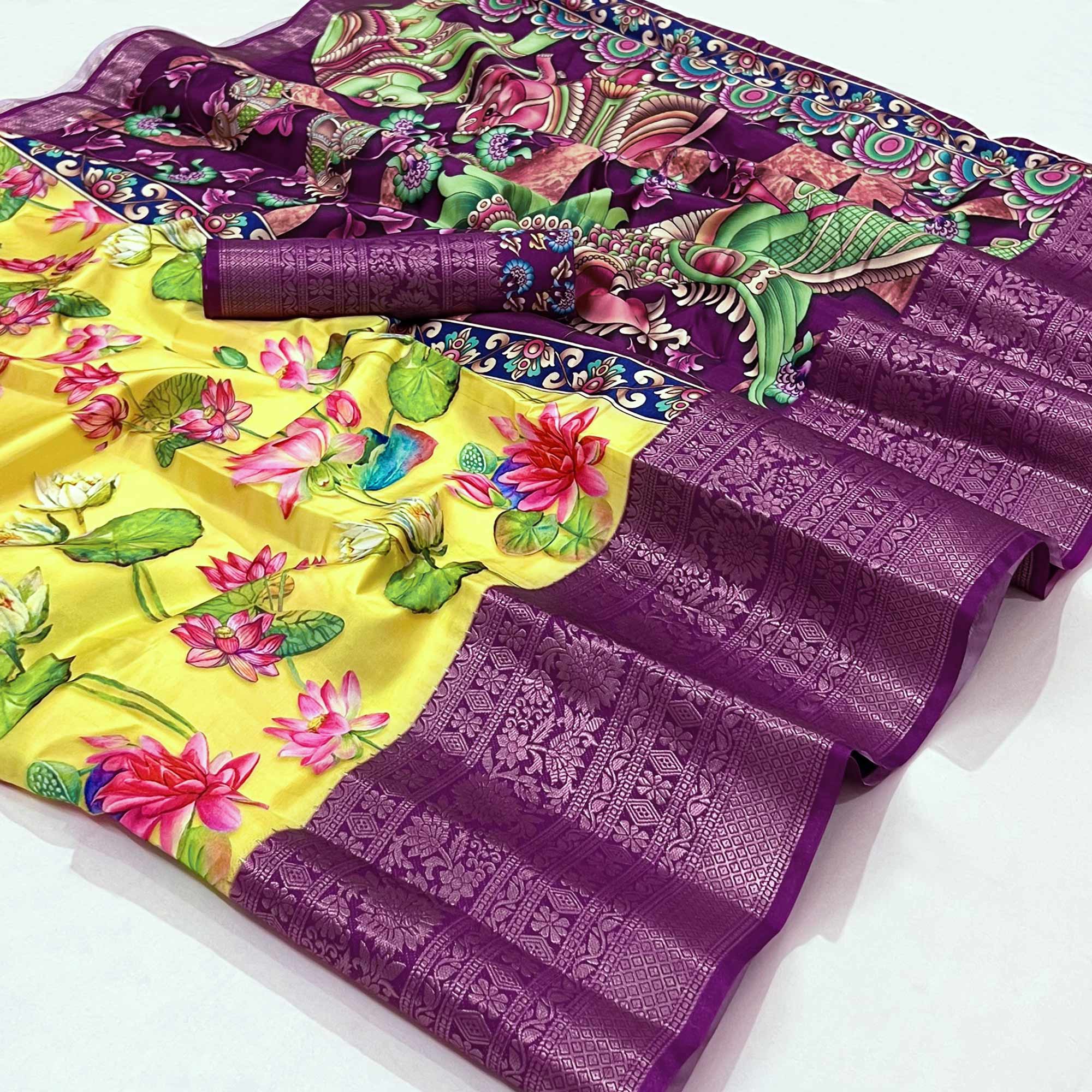 Yellow Floral Digital Printed With Woven Border Art Silk Saree