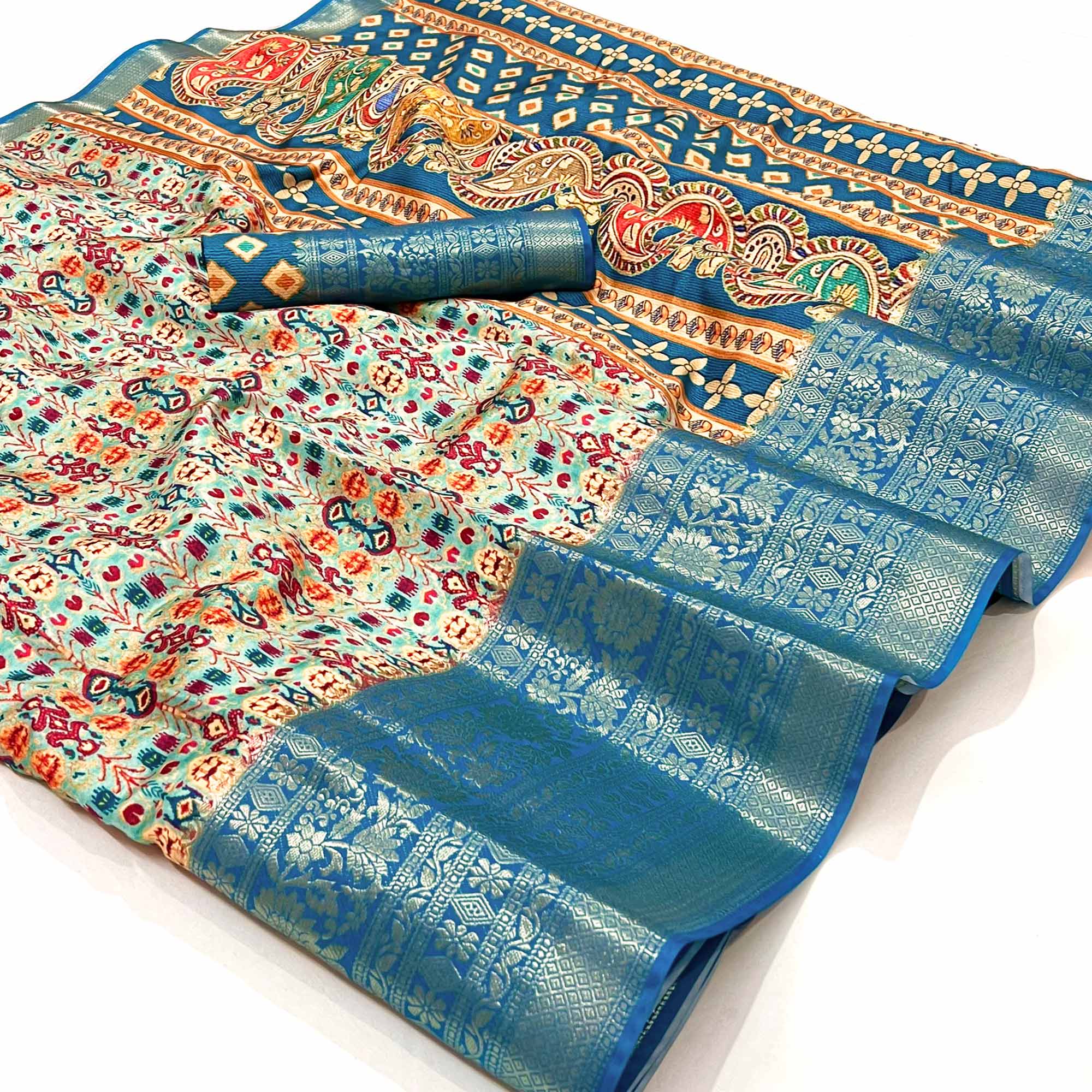 Blue Floral Digital Printed With Woven Border Art Silk Saree