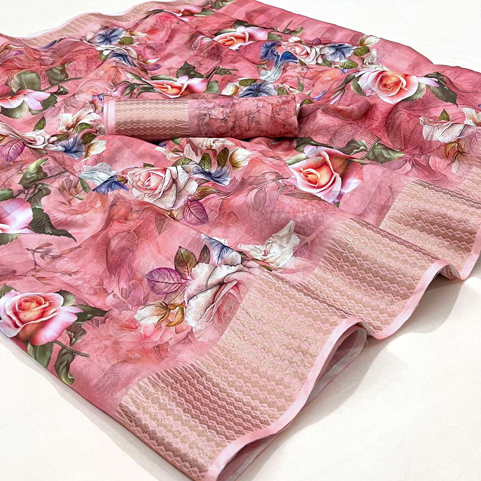 Pink Floral Digital Printed Cotton Silk Saree