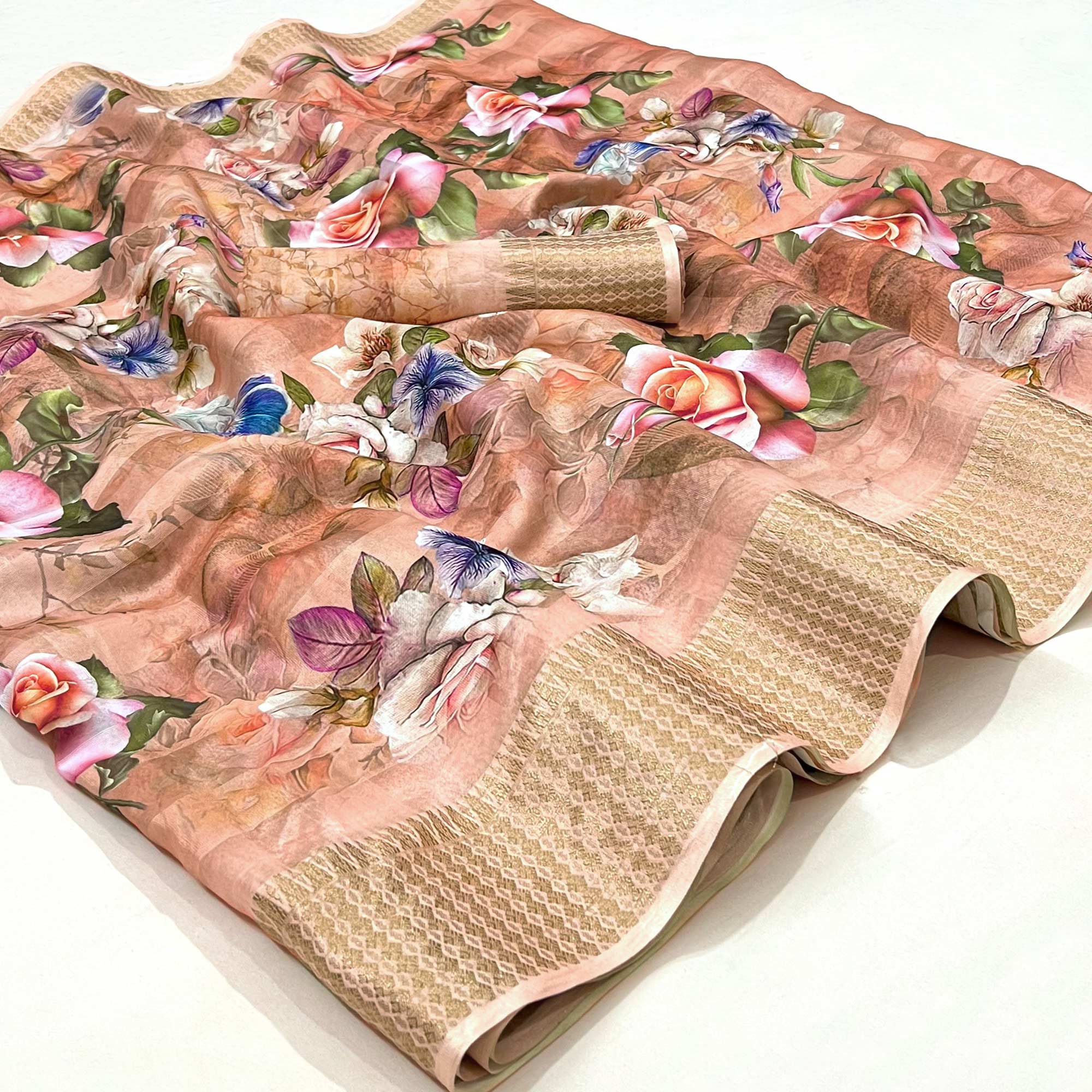 Peach Floral Digital Printed Cotton Silk Saree