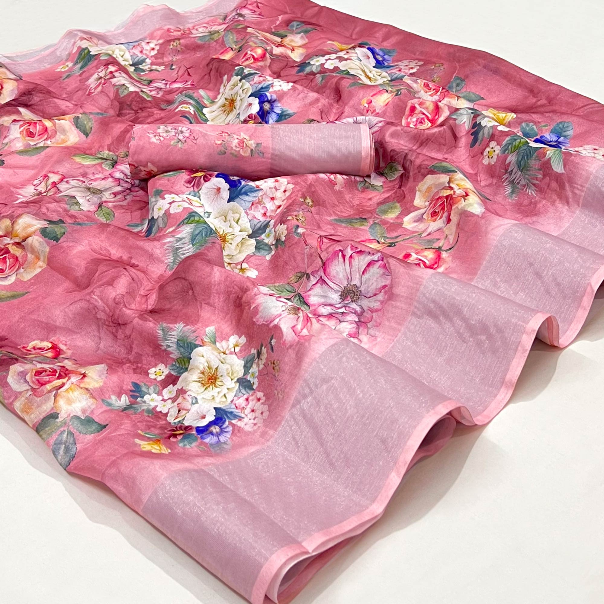 Pink Floral Digital Printed Cotton Silk Saree