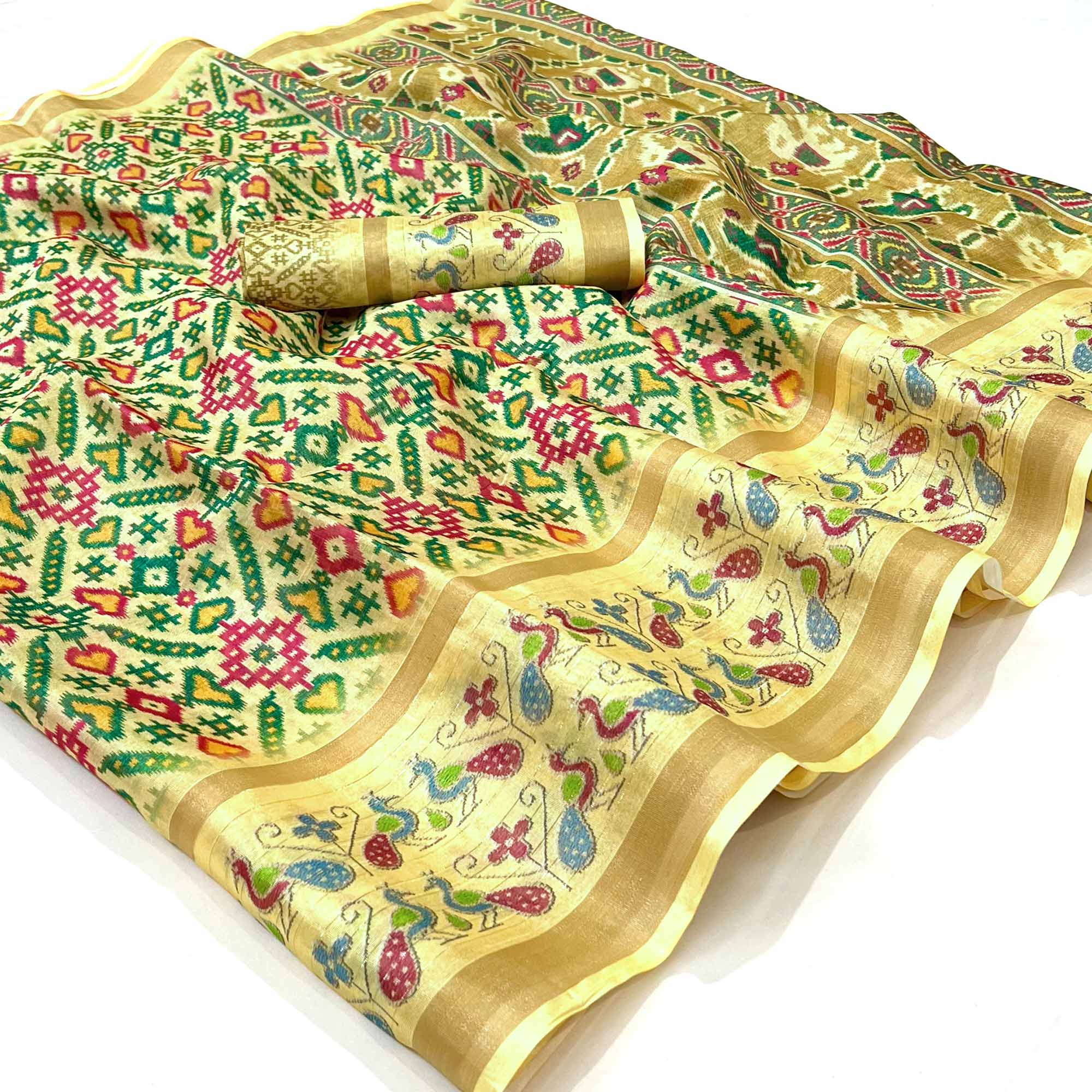 Yellow Digital Printed Cotton Silk Saree
