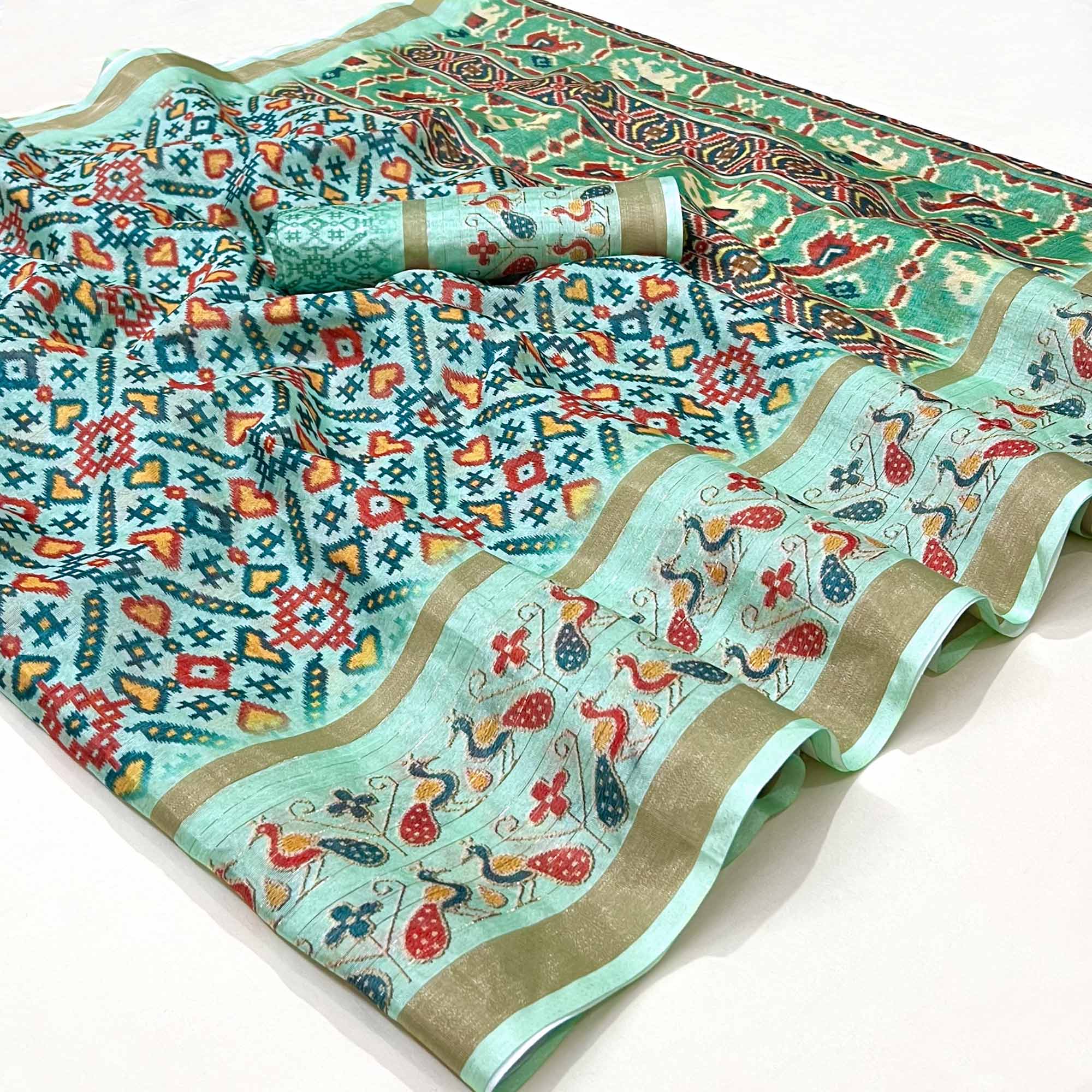 Blue Digital Printed Cotton Silk Saree