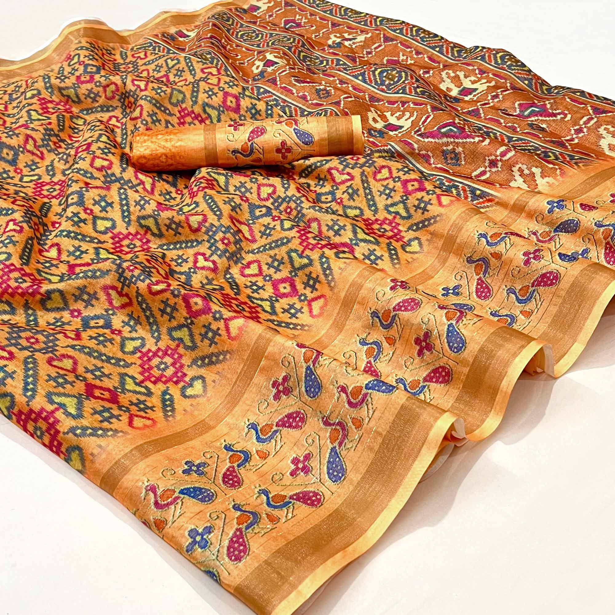 Orange Digital Printed Cotton Silk Saree