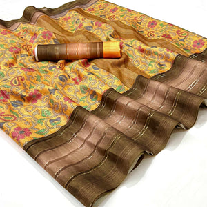 Yellow Floral Digital Printed Cotton Silk Saree