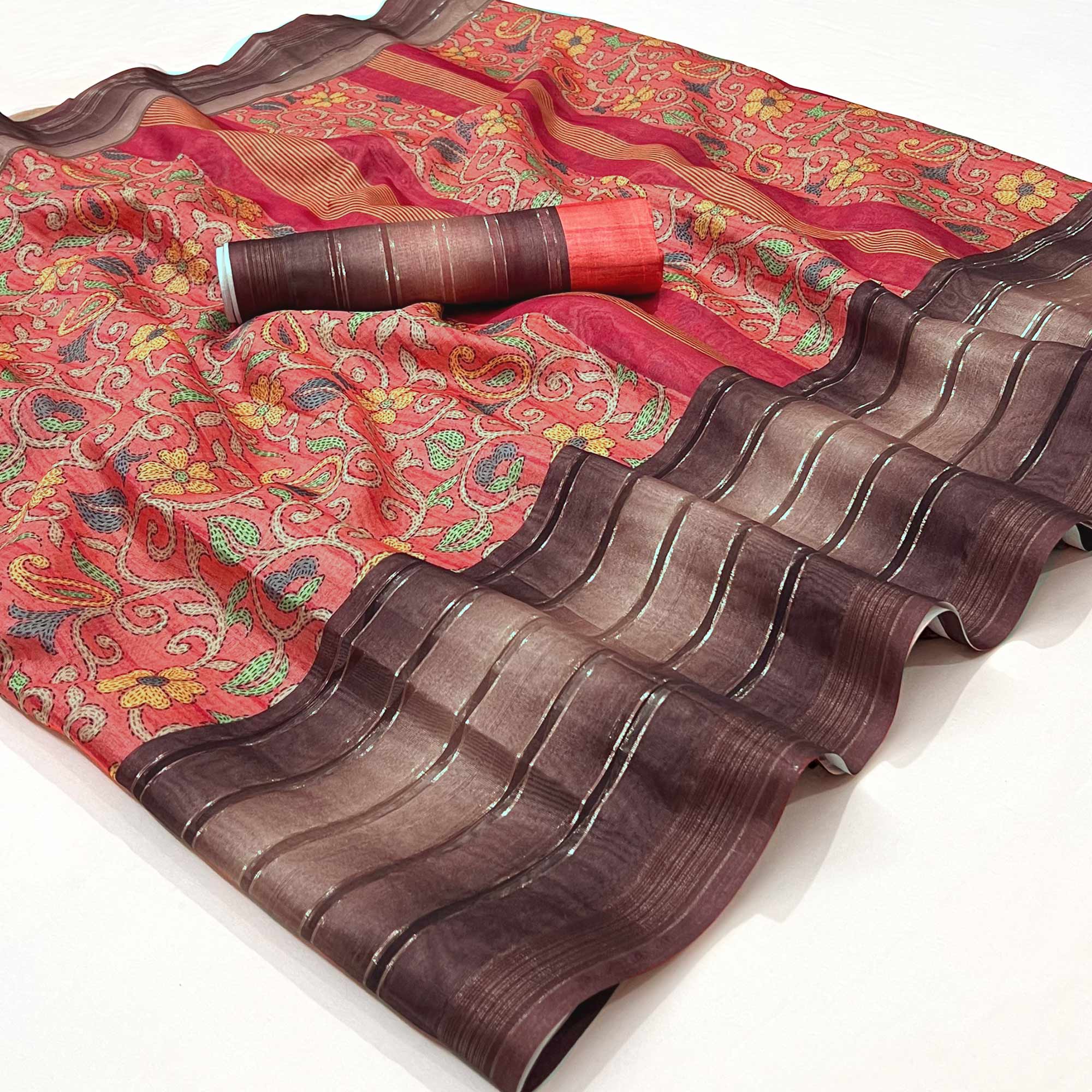 Pink Floral Digital Printed Cotton Silk Saree