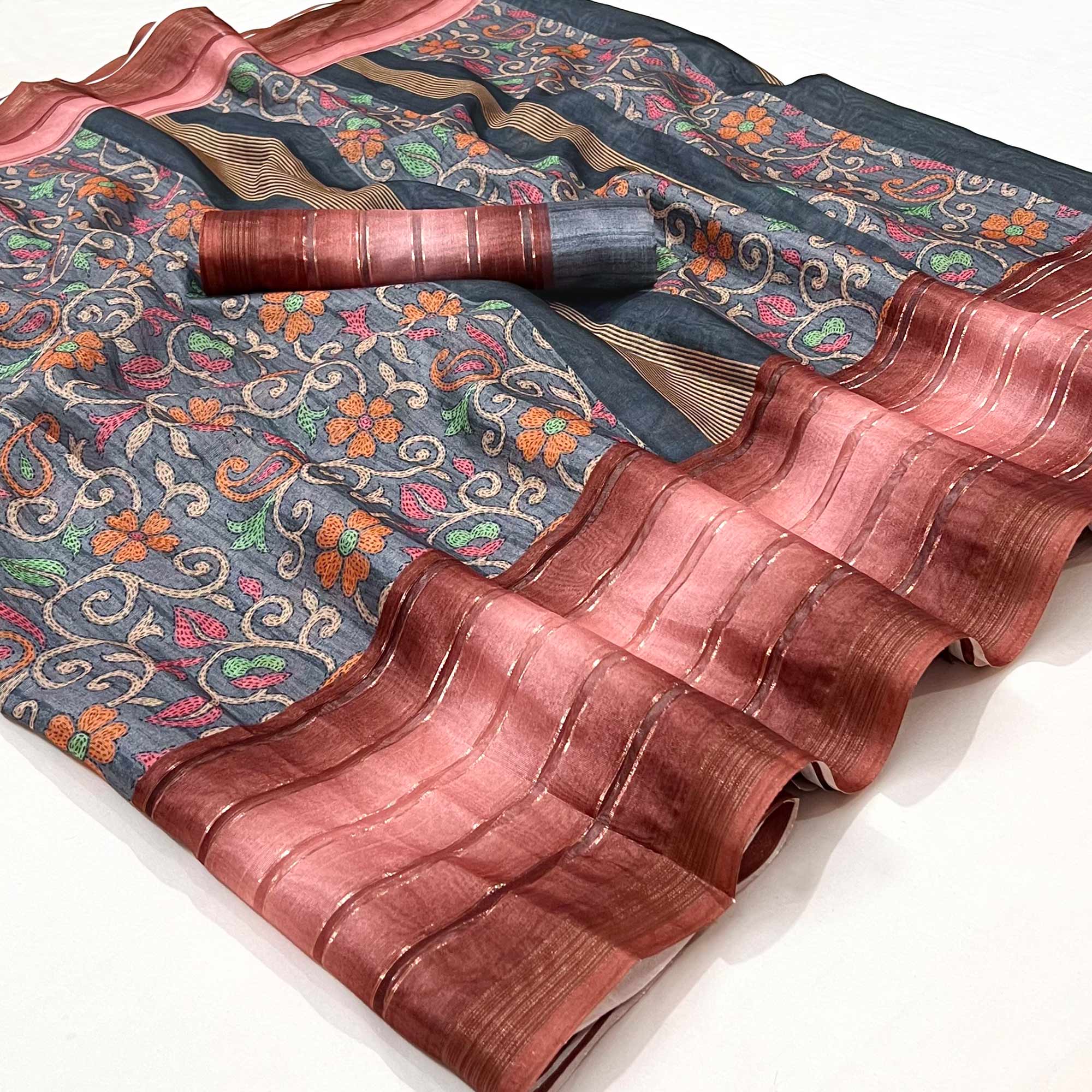 Grey Floral Digital Printed Cotton Silk Saree