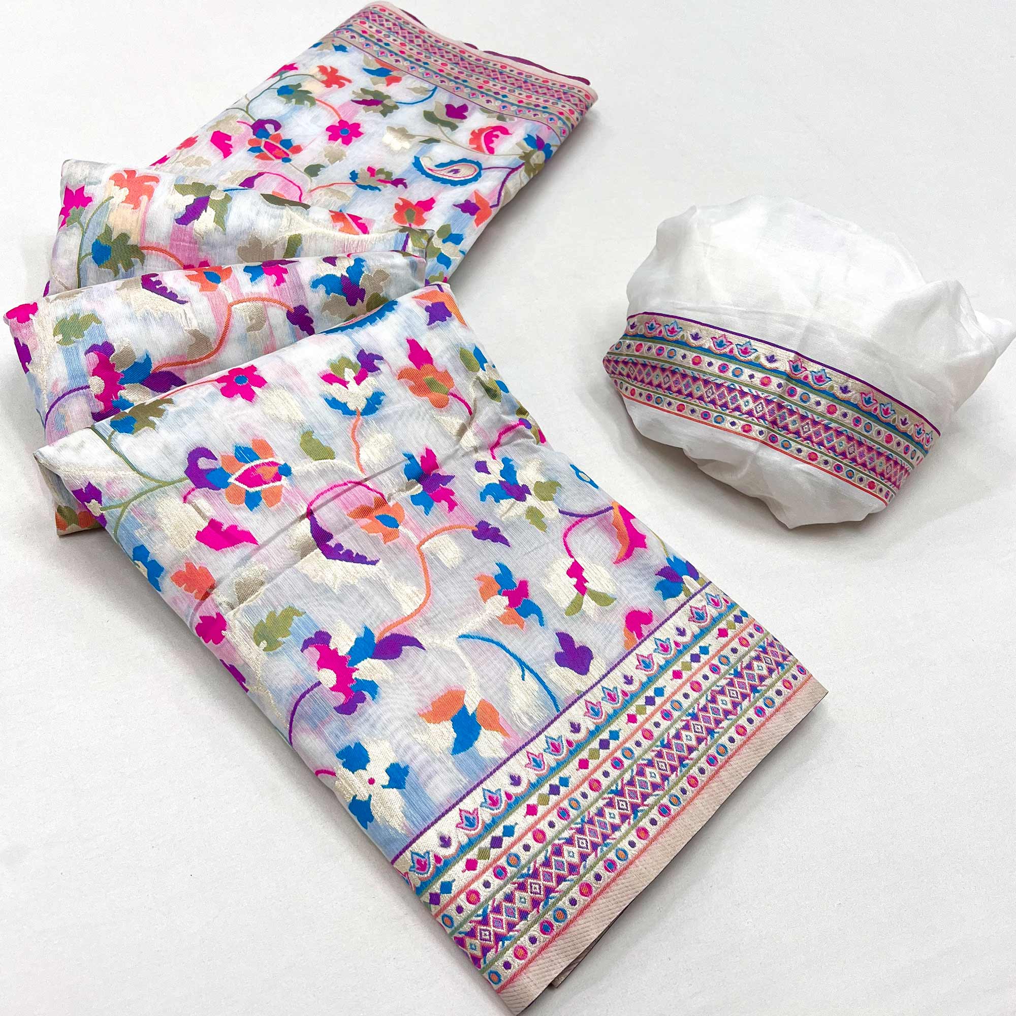 White Floral Woven Pashmina Saree