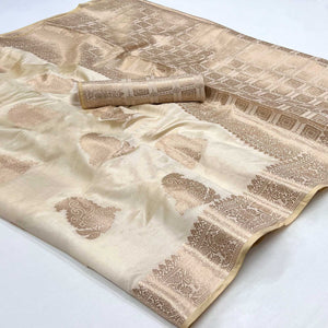 Off White Off White Floral Woven Raw Silk Saree