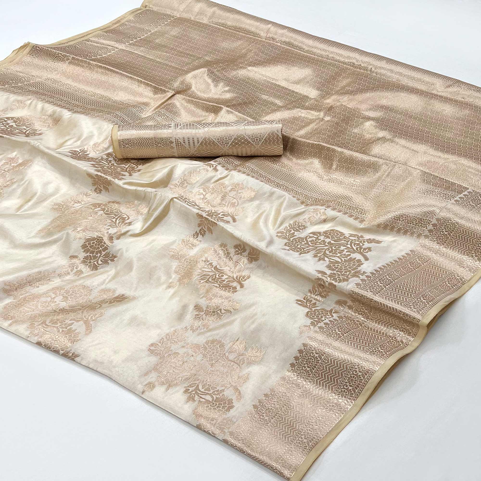 Off White Off White Floral Woven Raw Silk Saree