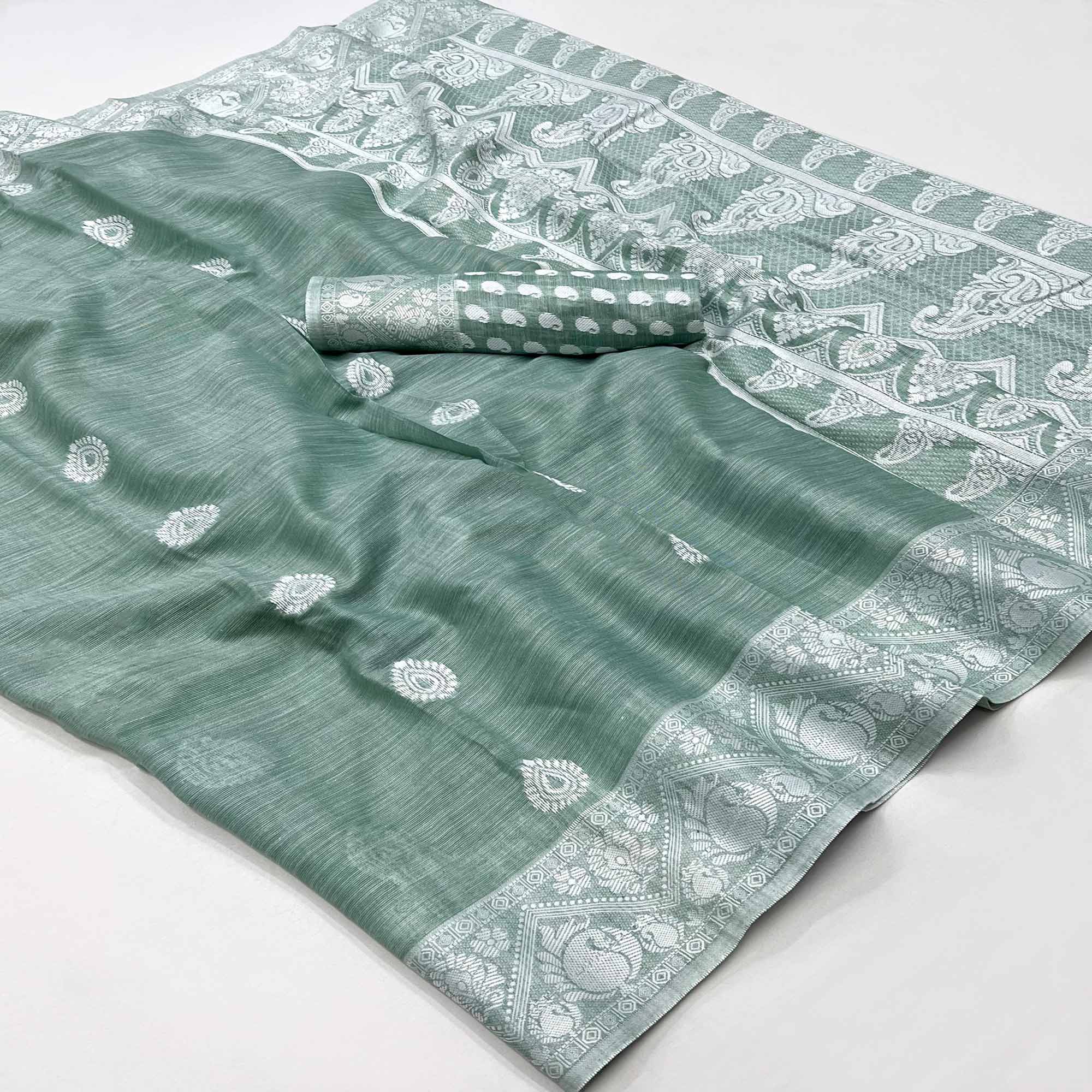 Green Woven Linen Saree