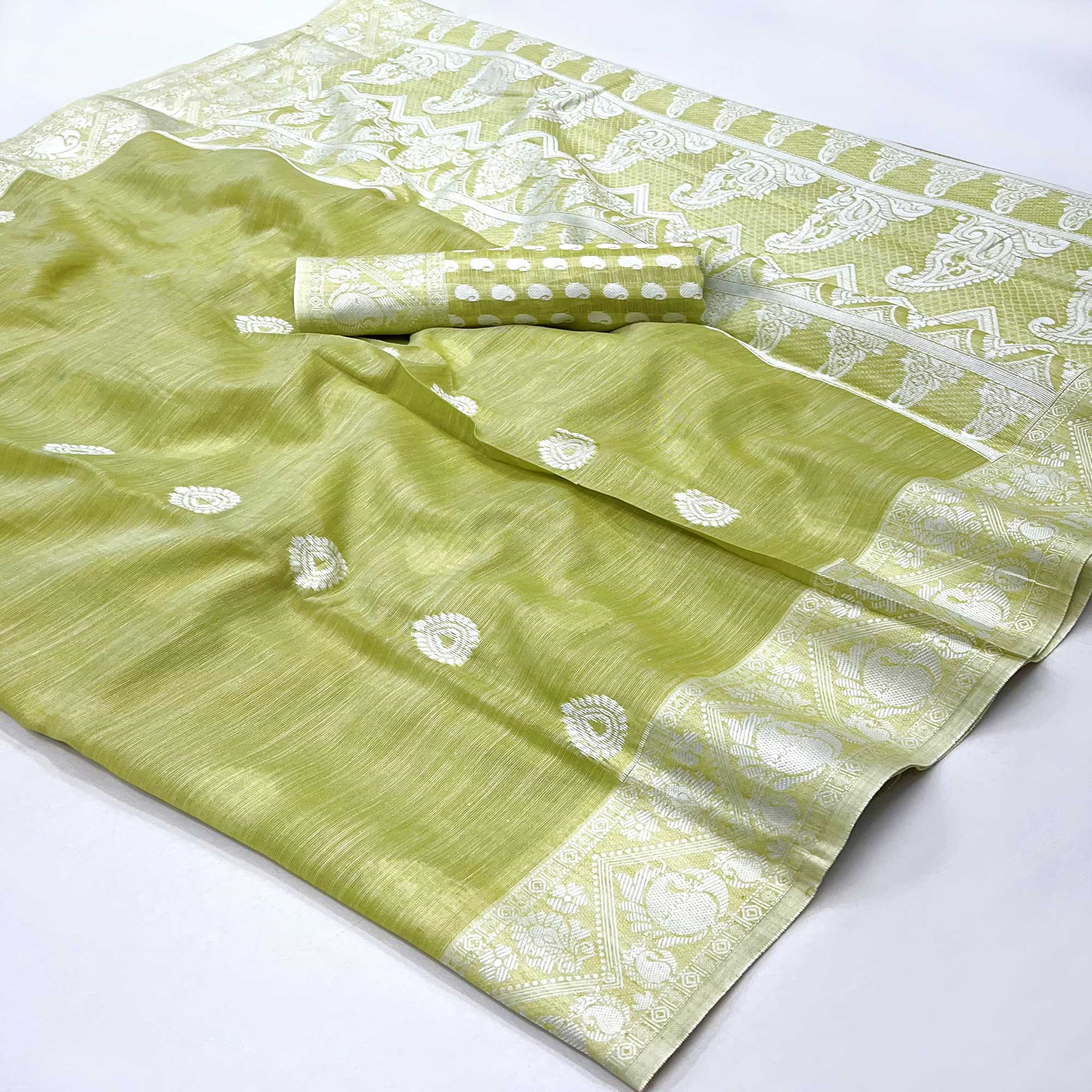 Pista Green Woven Linen Saree