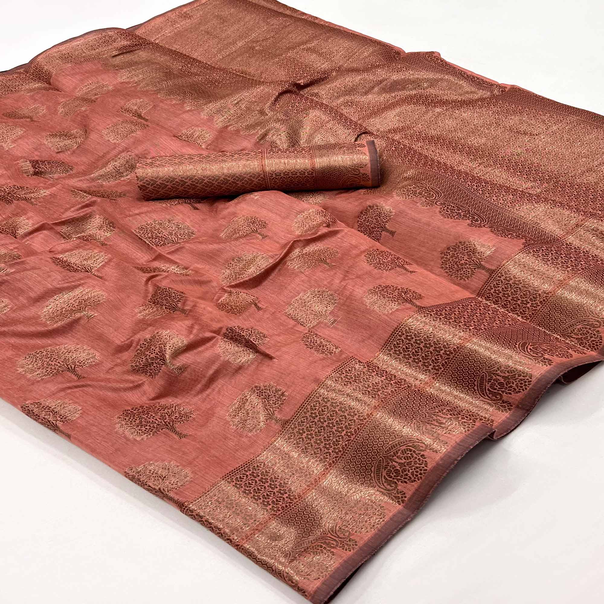 Peach Floral Woven Pure Cotton Saree