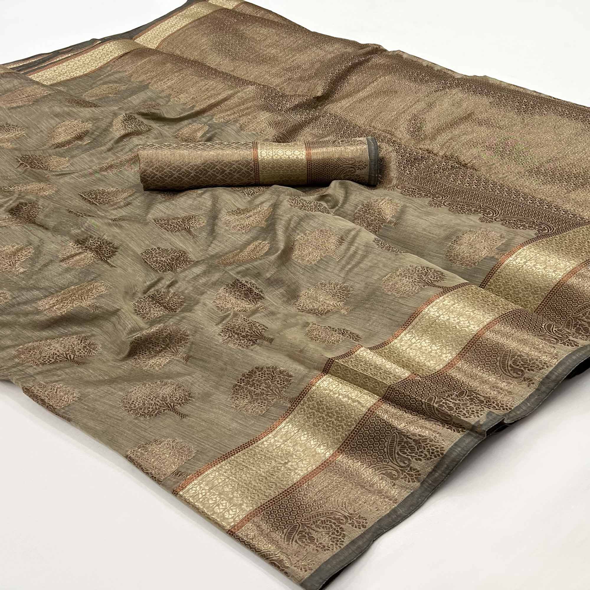 Brown Floral Woven Pure Cotton Saree