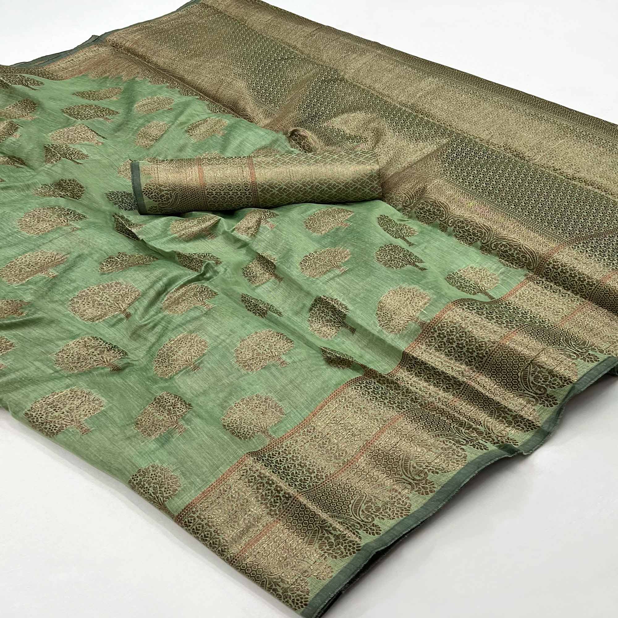 Pista Green Floral Woven Pure Cotton Saree