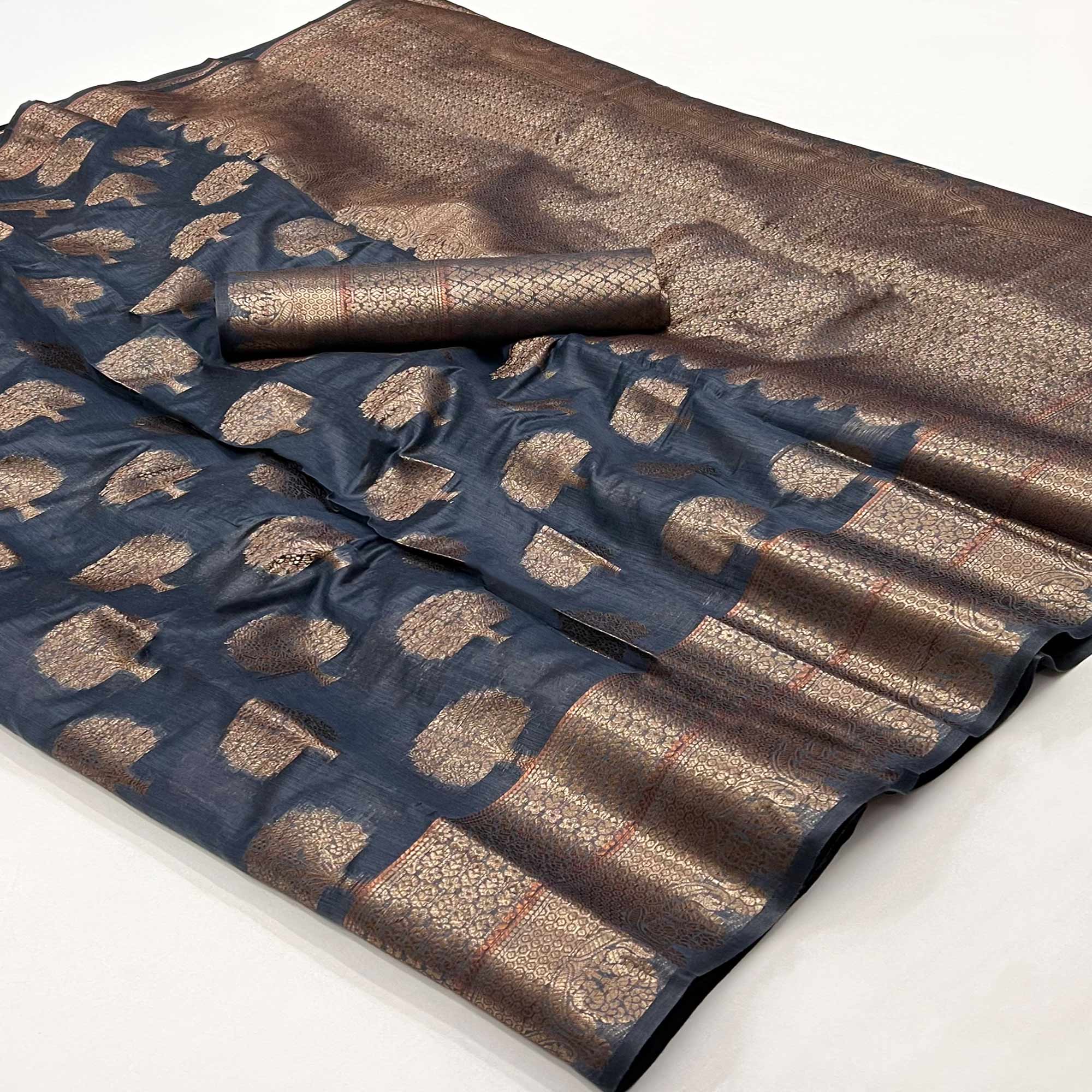 Grey Floral Woven Pure Cotton Saree