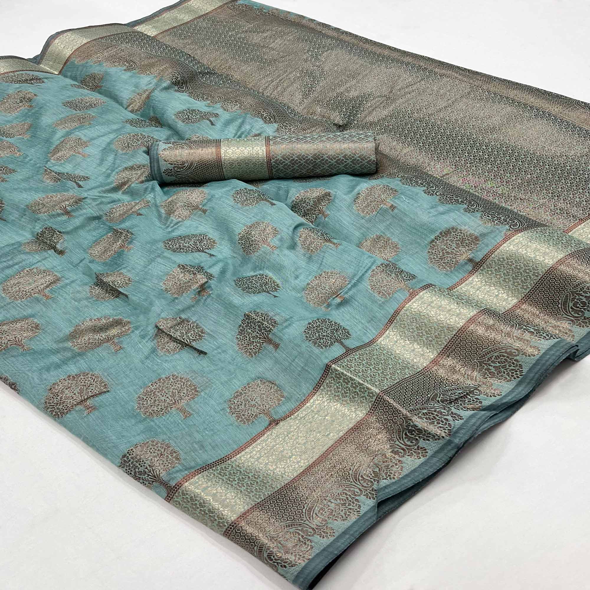 Blue Floral Woven Pure Cotton Saree